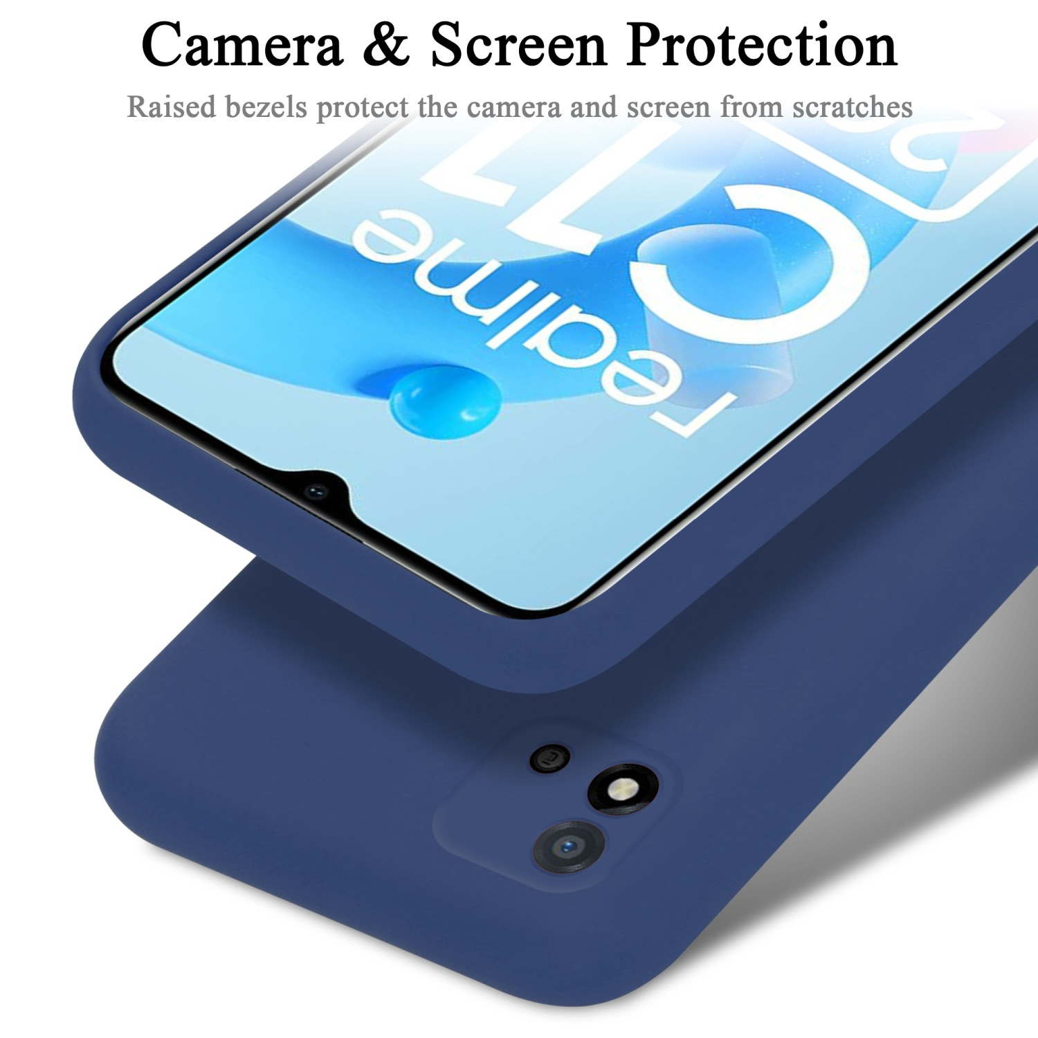 Eine blaue Handyhülle mit Displayschutz. Der Bildschirm zeigt das Realme Logo.