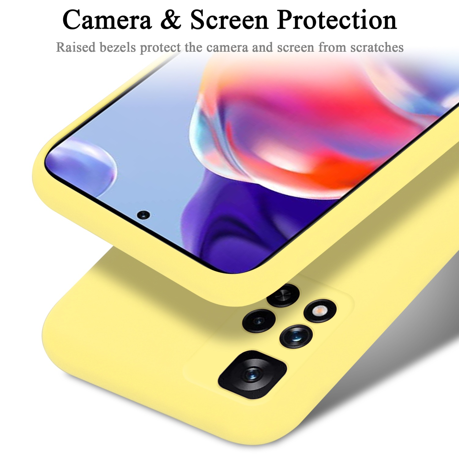 Custodia gialla per telefono con protezione fotocamera e schermo, vista ravvicinata.