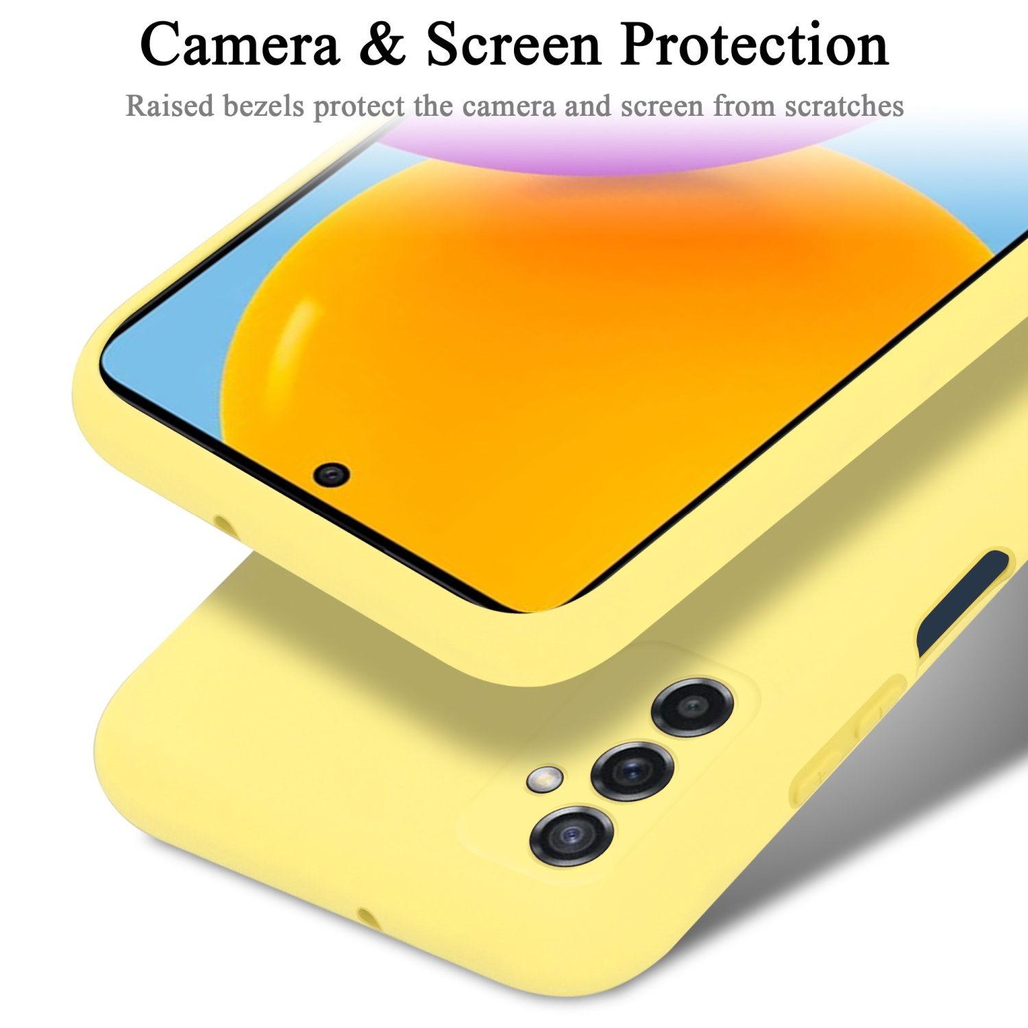 Custodia gialla per telefono che protegge un telefono con schermo giallo e arancione. Testo: Protezione fotocamera e schermo.