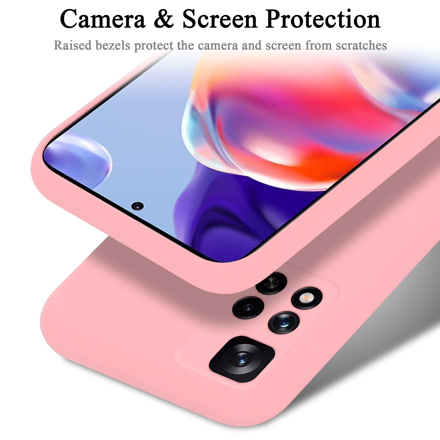 Una custodia per telefono rosa protegge lo schermo e la fotocamera del telefono. Il retro di una seconda custodia è visibile.