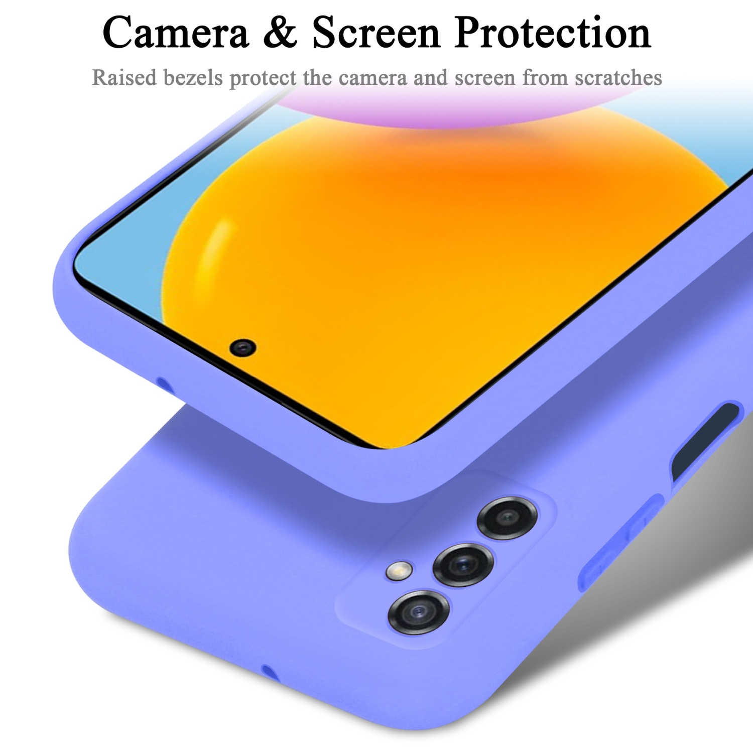 Una custodia viola con telefono all'interno, che mostra la protezione della fotocamera.