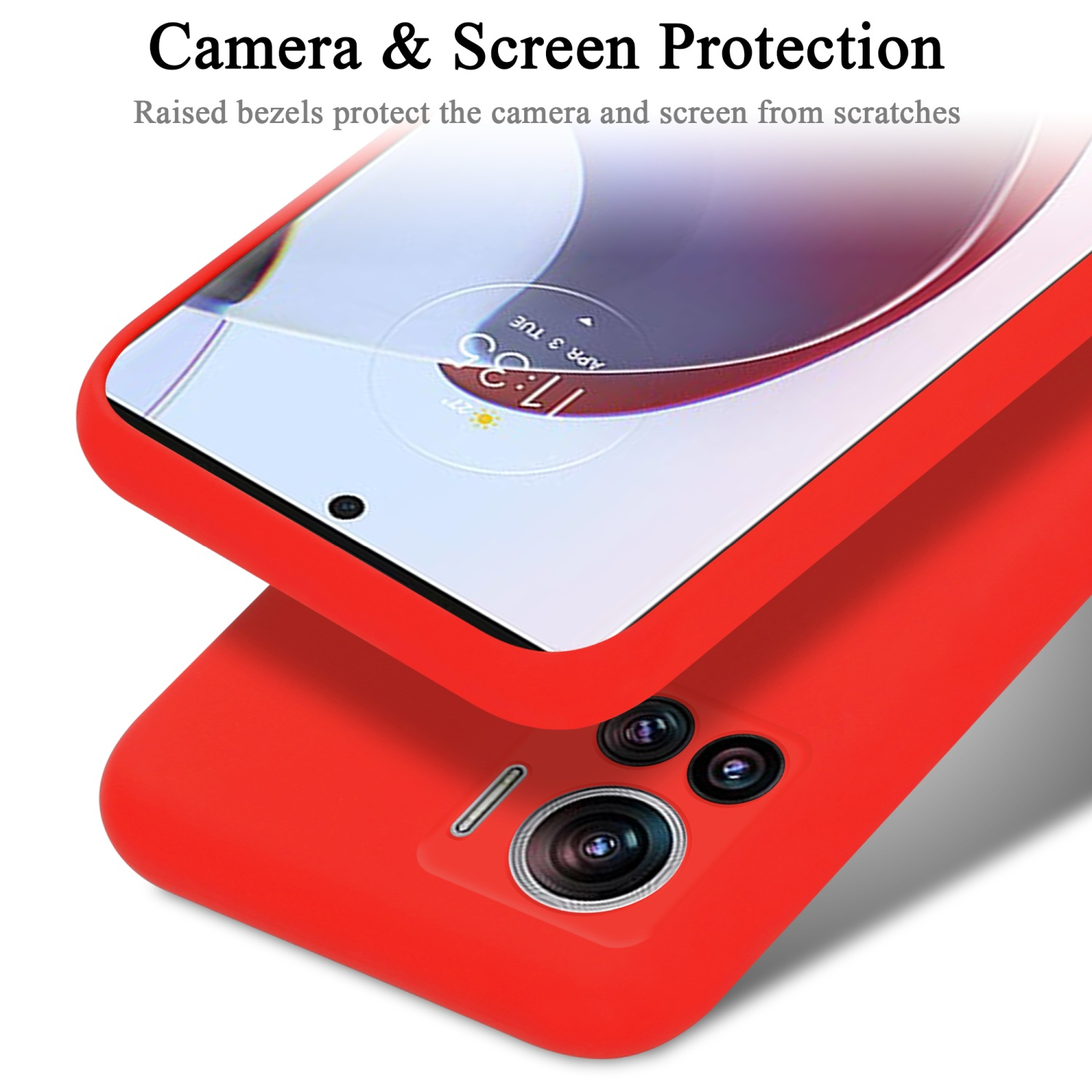 Custodia per telefono rossa con telefono dentro, testo protezione fotocamera e schermo.