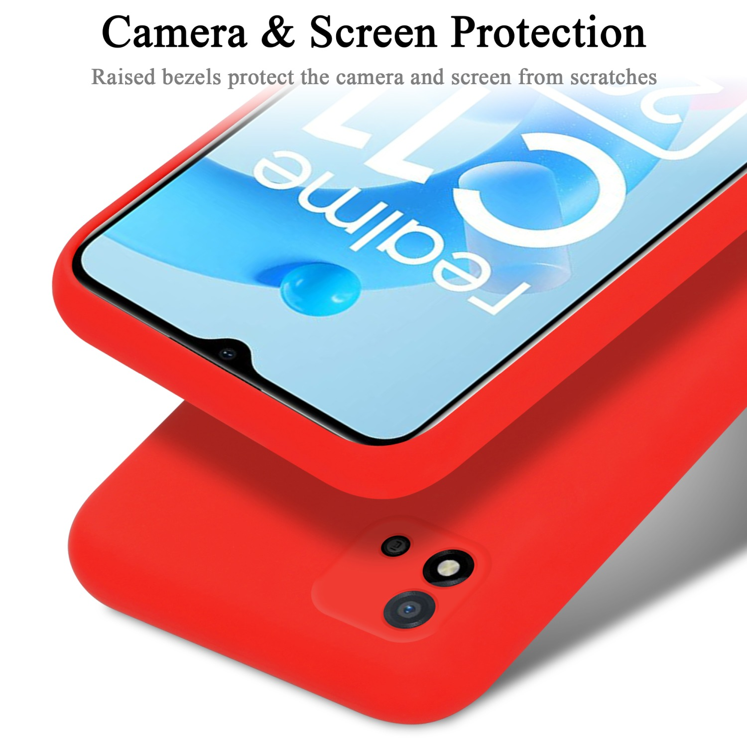 Rote Handyhülle, Nahaufnahme. Text: 'Camera & Screen Protection'. Erhöhte Blenden schützen Kamera und Bildschirm.