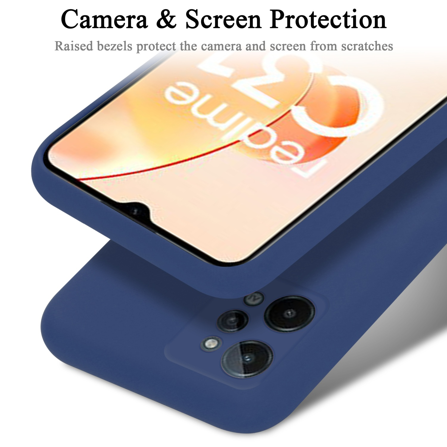 Eine blaue Handyhülle mit einem Telefon darin, die Kamera und den Bildschirmschutz hervorhebt.