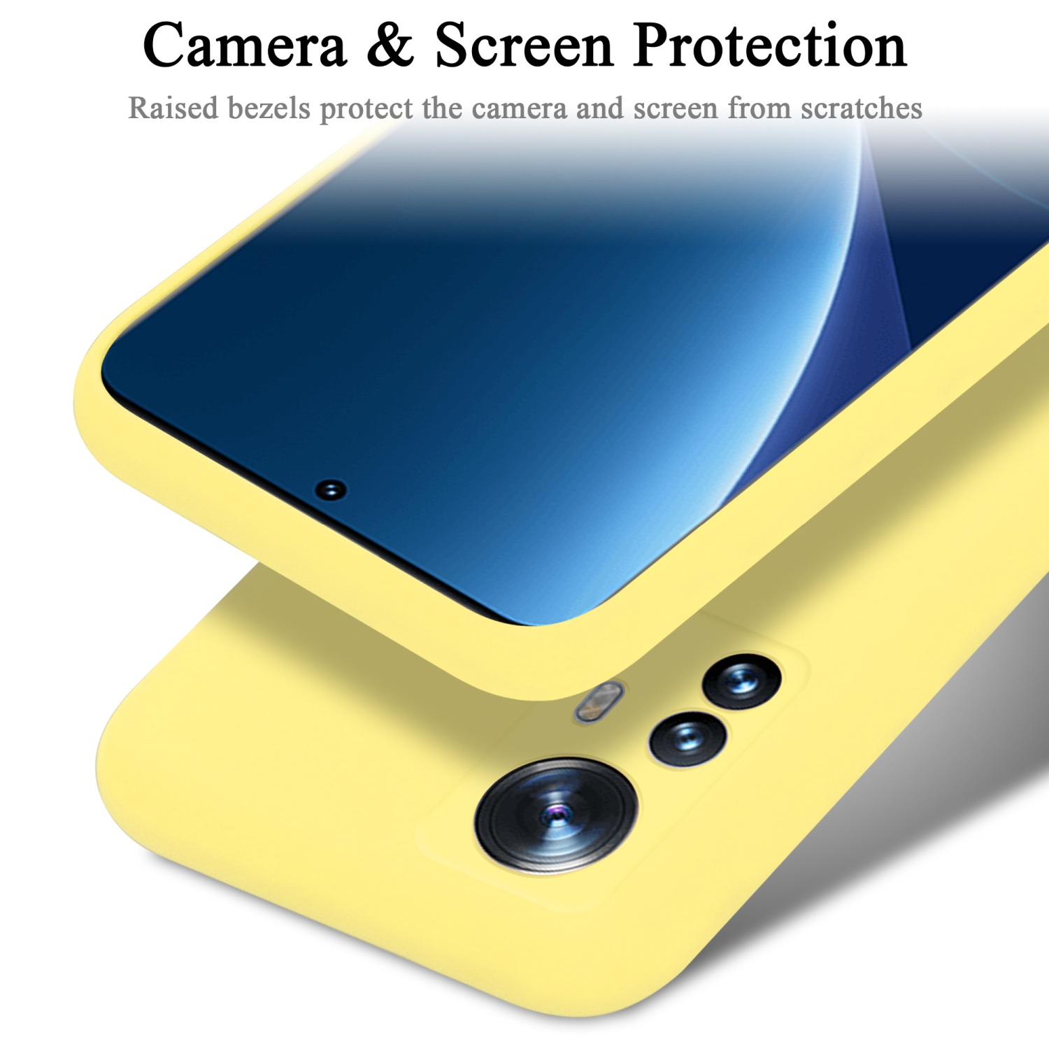 Gelbe Handyhülle mit Displayschutz. Text lautet 'Camera & Screen Protection'.
