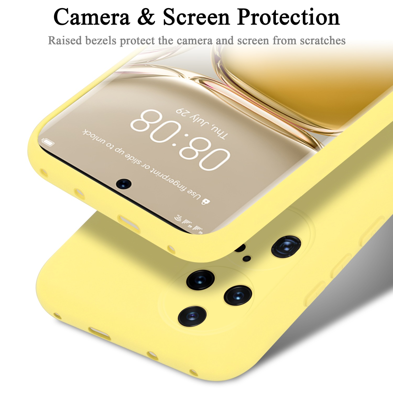 Ein Telefon in einer gelben Hülle. Die Hülle hat einen erhöhten Rahmen zum Schutz der Kamera.