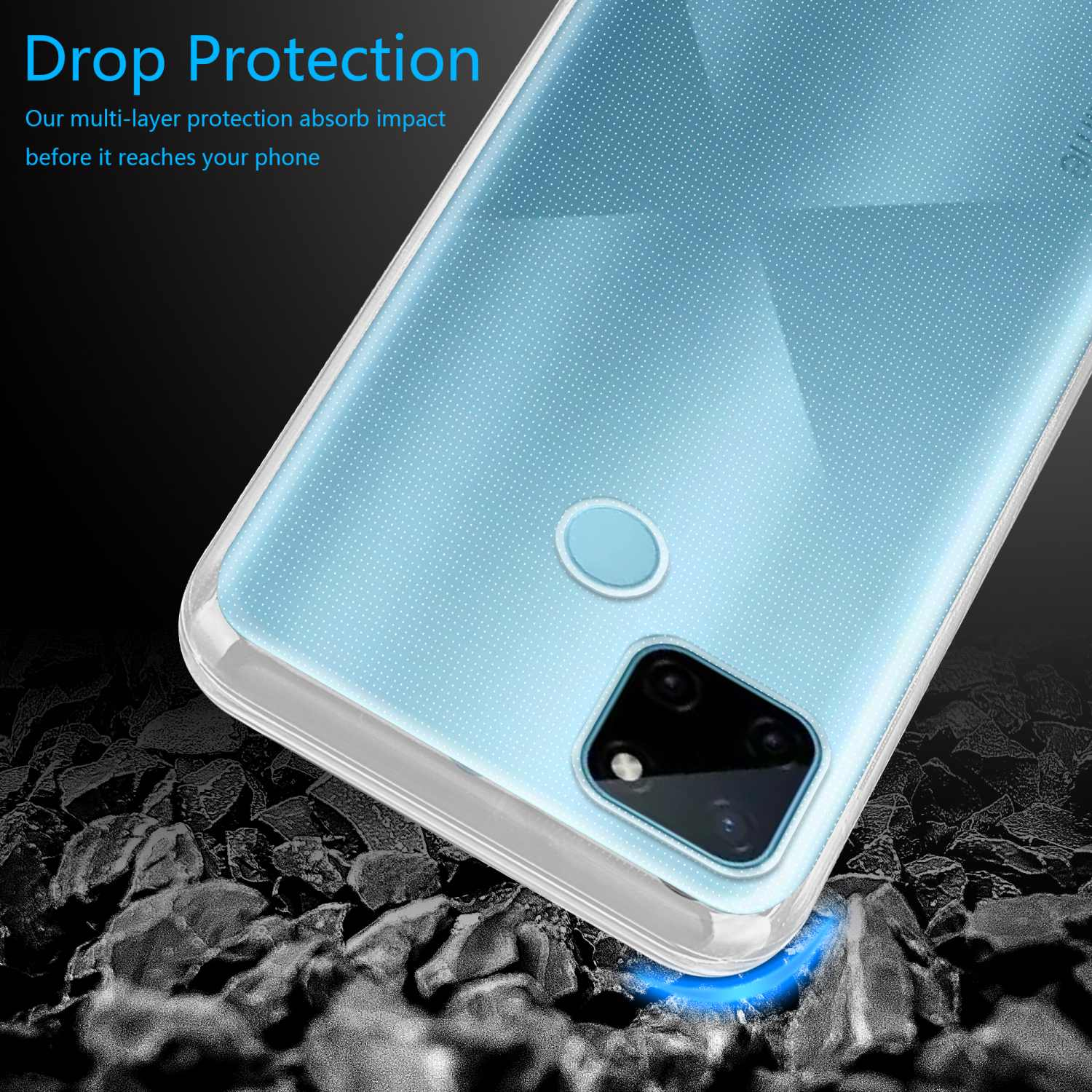 Telefon geschützt durch eine Hülle, mit blauem Aufpralleffekt. Text: 'Drop Protection'.