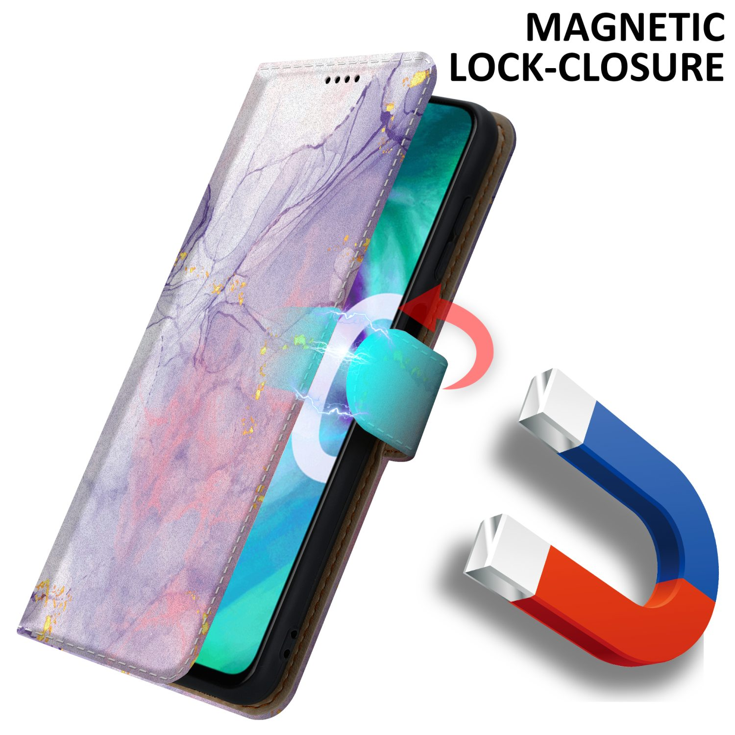Handyhülle mit lila Marmordesign. Öffnet sich, um den Bildschirm freizugeben. Magnetverschluss mit rot-blauem Magneten.