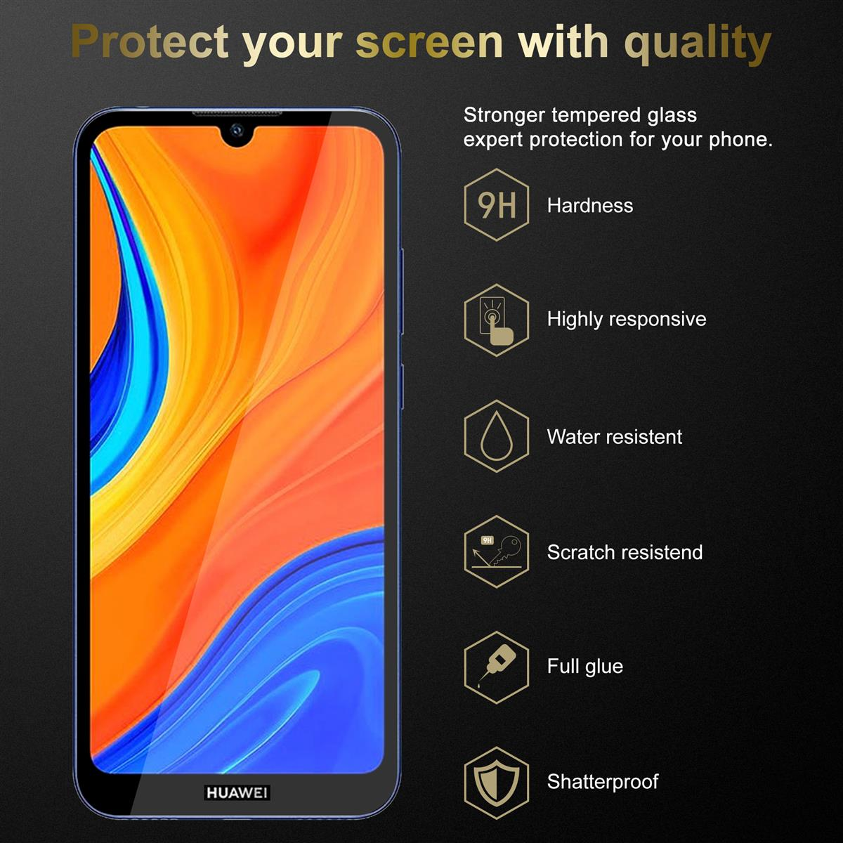 Protecteur d'écran avec texte et icônes. Écran de téléphone et protecteur visibles.