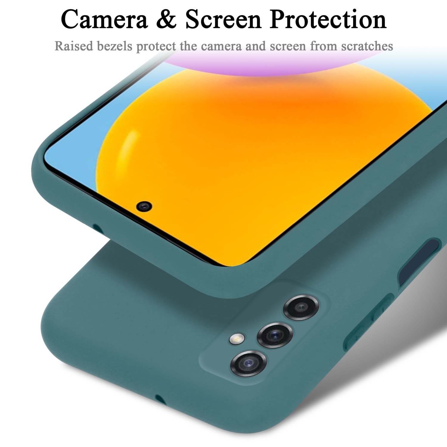 Custodia turchese che copre un telefono. Lo schermo mostra un design arancione. Testo: Protezione fotocamera e schermo.