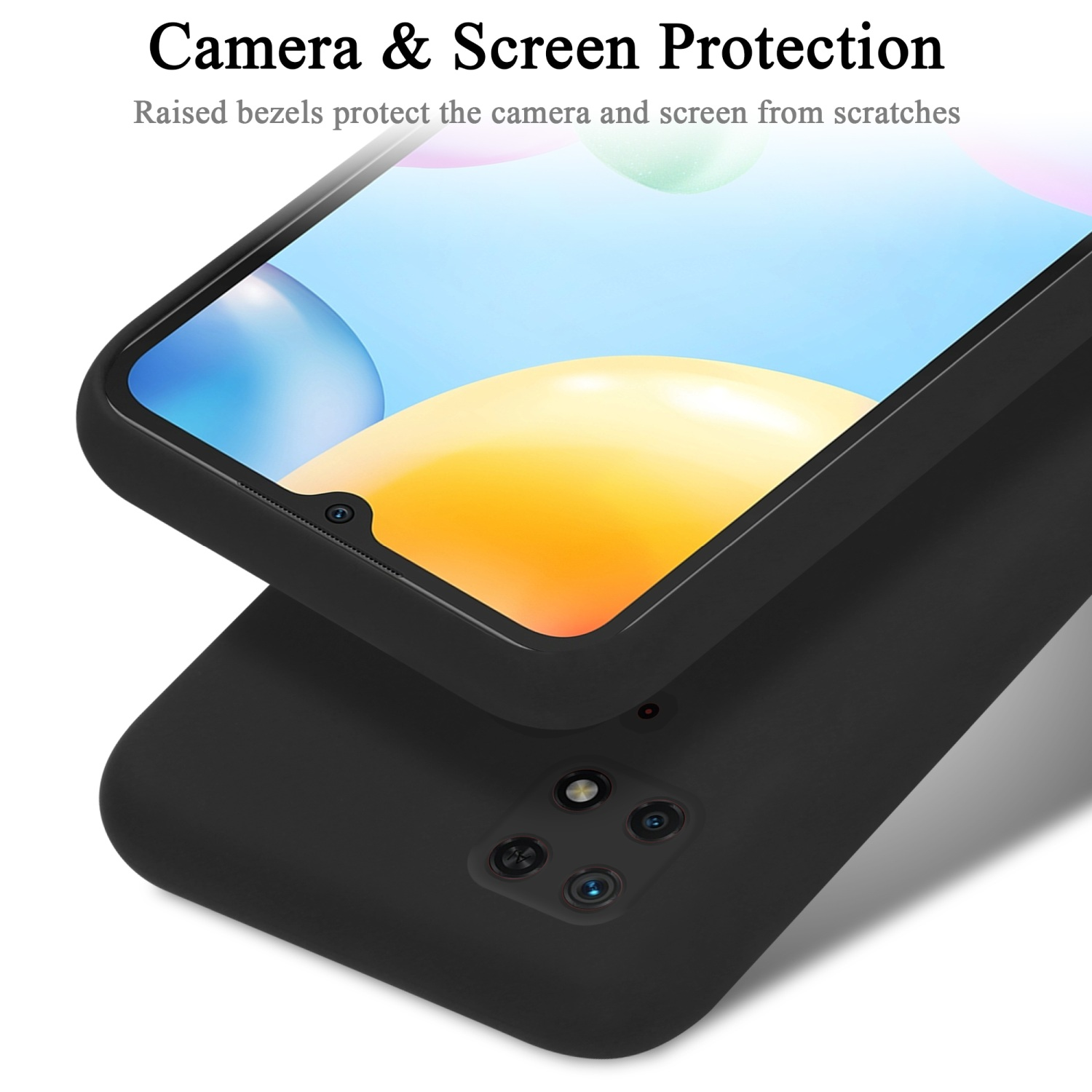 Eine schwarze Handyhülle mit einem Telefon darin, die den Bildschirm- und Kameraschutz zeigt.