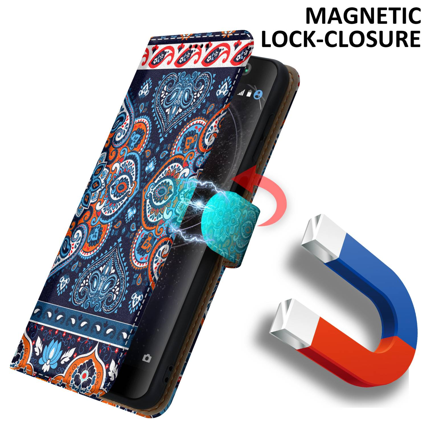 Custodia per telefono con motivo blu e arancione, chiusura magnetica e calamita.