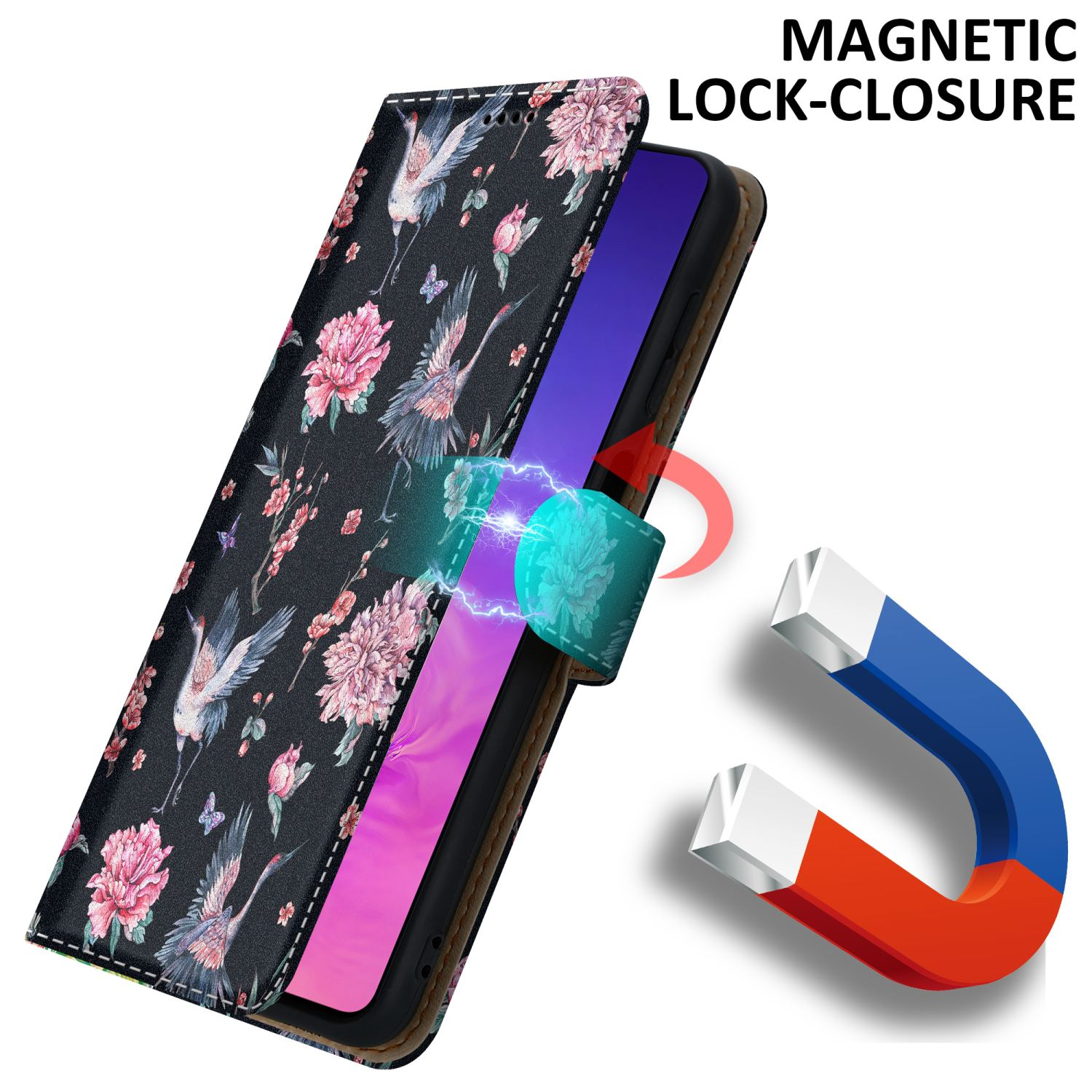 Una custodia per telefono con un motivo floreale. Una chiusura magnetica è mostrata con un magnete.