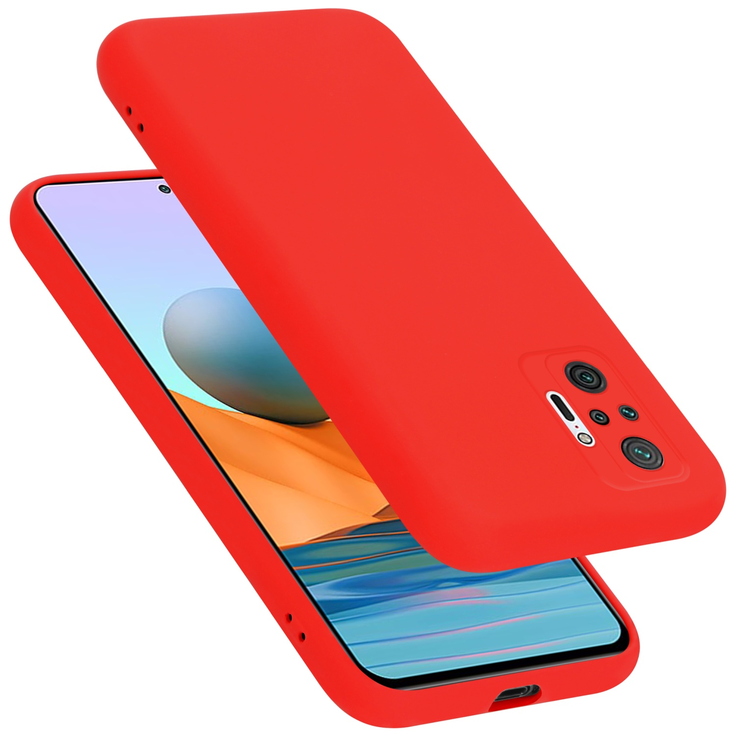 Custodia rossa per telefono con telefono rosso all'interno. La custodia ha fori per la fotocamera e altre funzioni.
