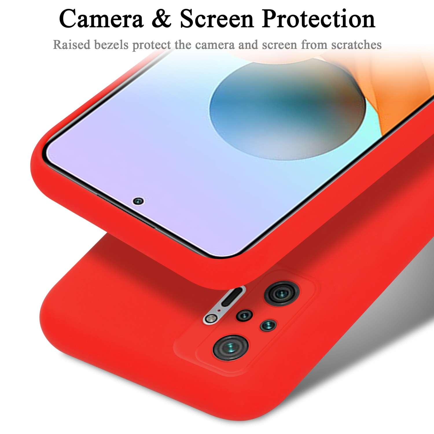 Custodia rossa per telefono con protezione dello schermo. Viene evidenziata la protezione della fotocamera e dello schermo.