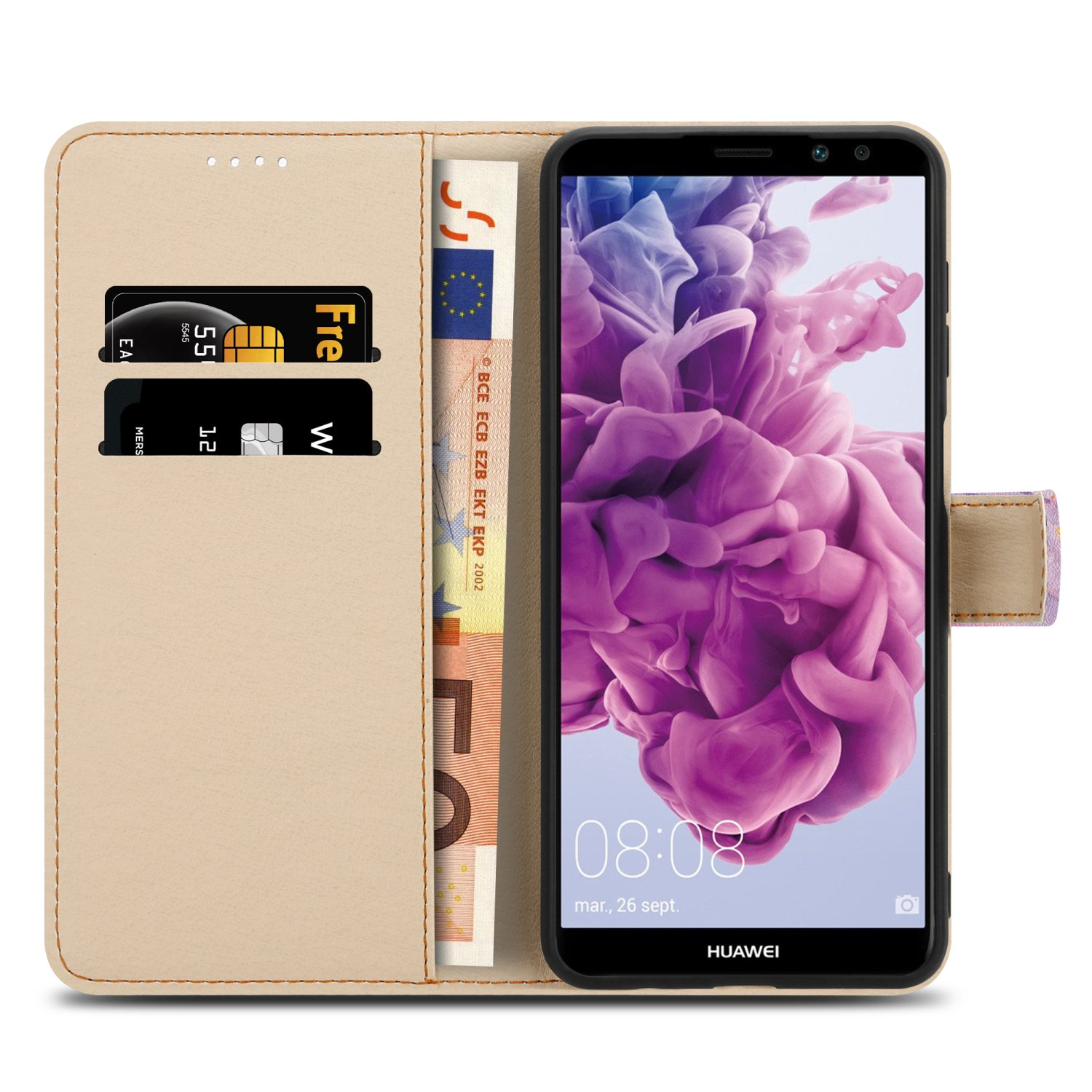 Smartphone in einem beigefarbenen Brieftaschenetui mit Kreditkarten und Euroscheinen innen.