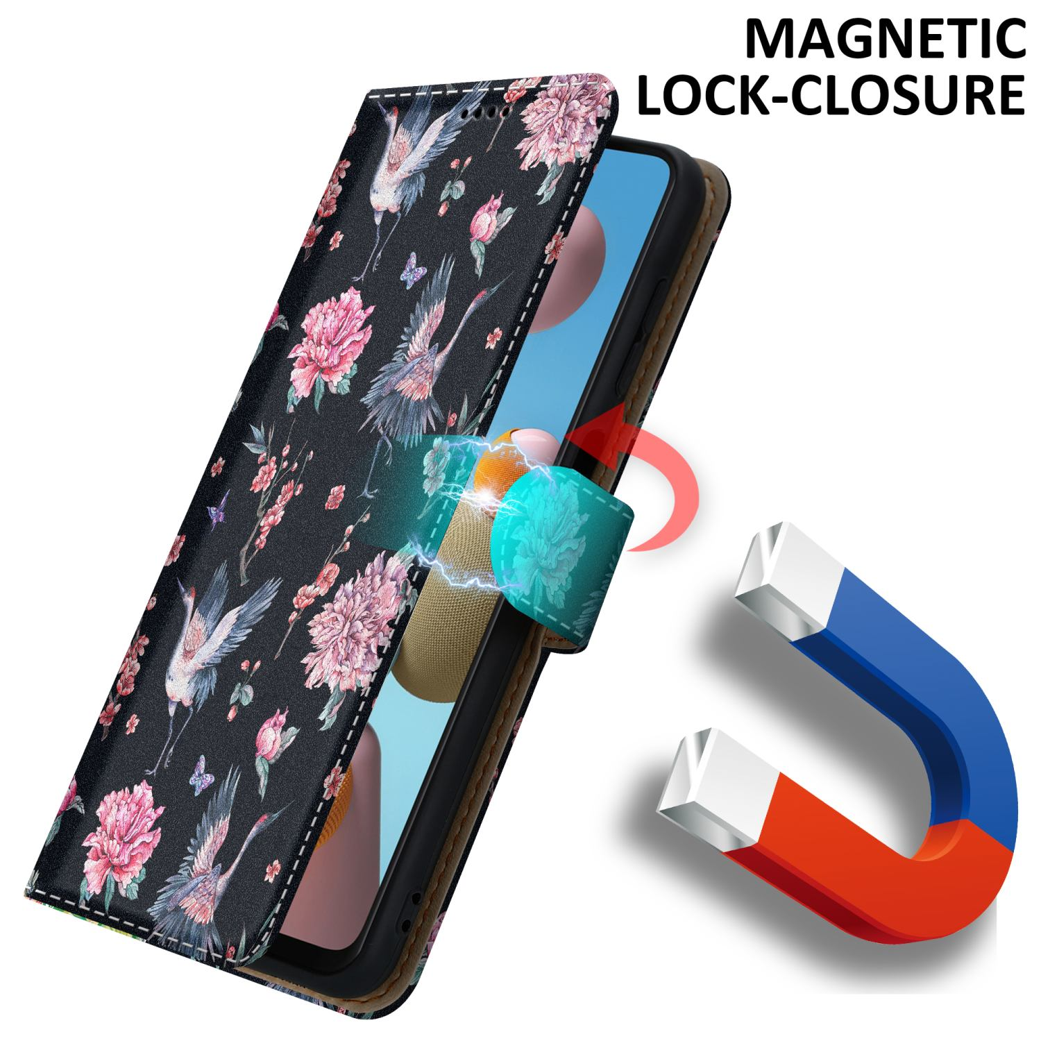 Handyhülle mit floralem Design und Magnetverschluss. Ein Magnet hält die Hülle geschlossen.