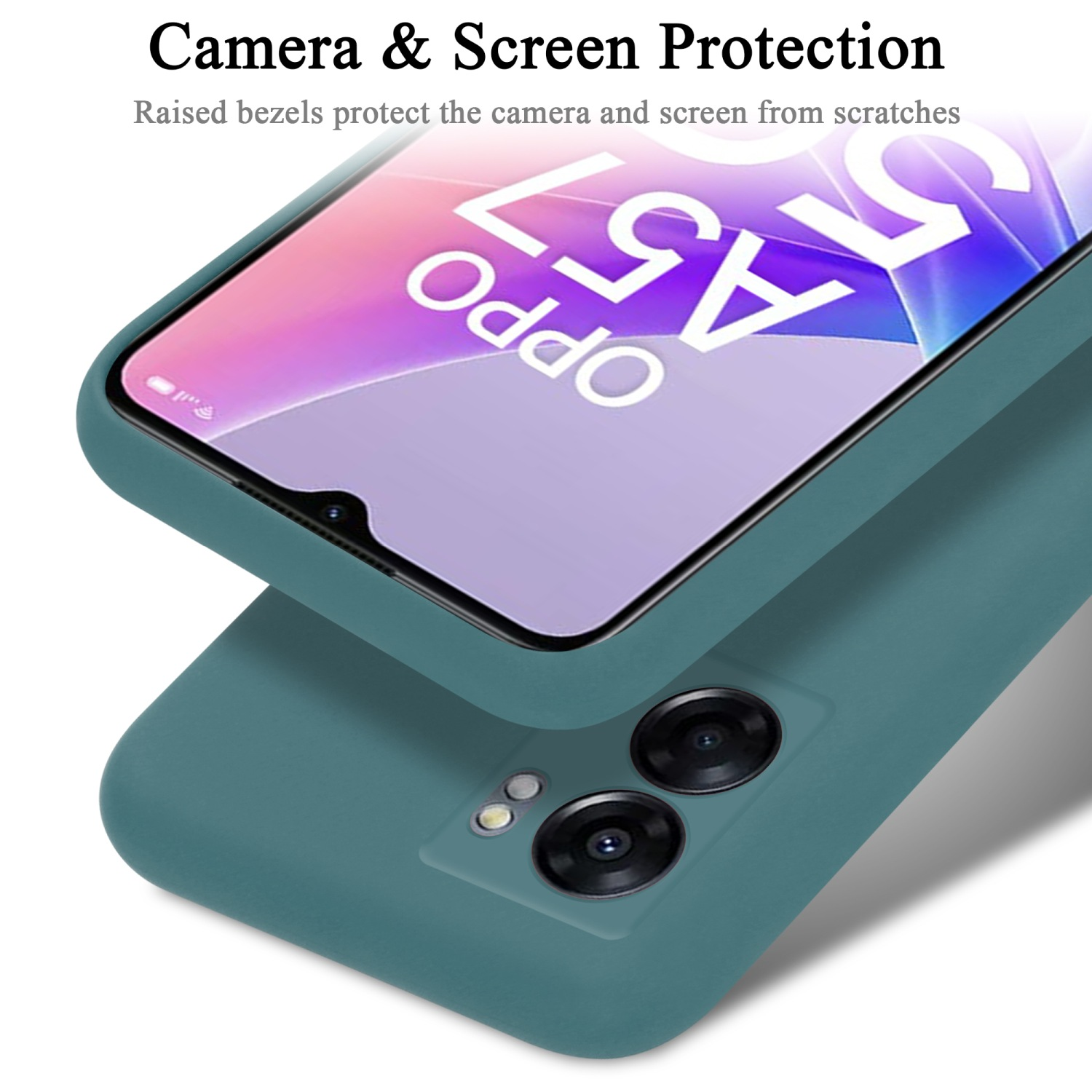 Eine tealfarbene Handyhülle mit einem Telefon darin. Kamera- und Bildschirmschutz werden hervorgehoben.