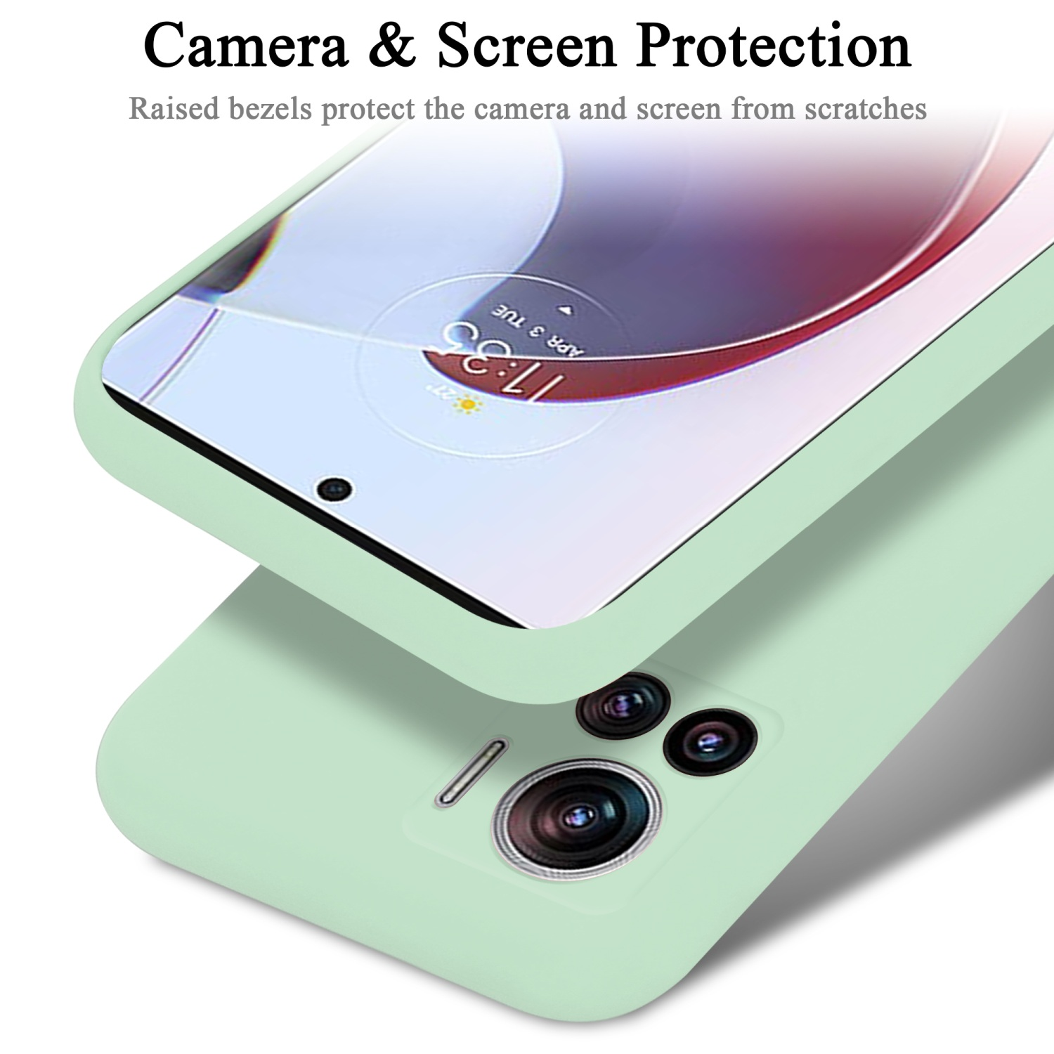 Una custodia per telefono verde chiaro che protegge il telefono, con lenti della fotocamera visibili.