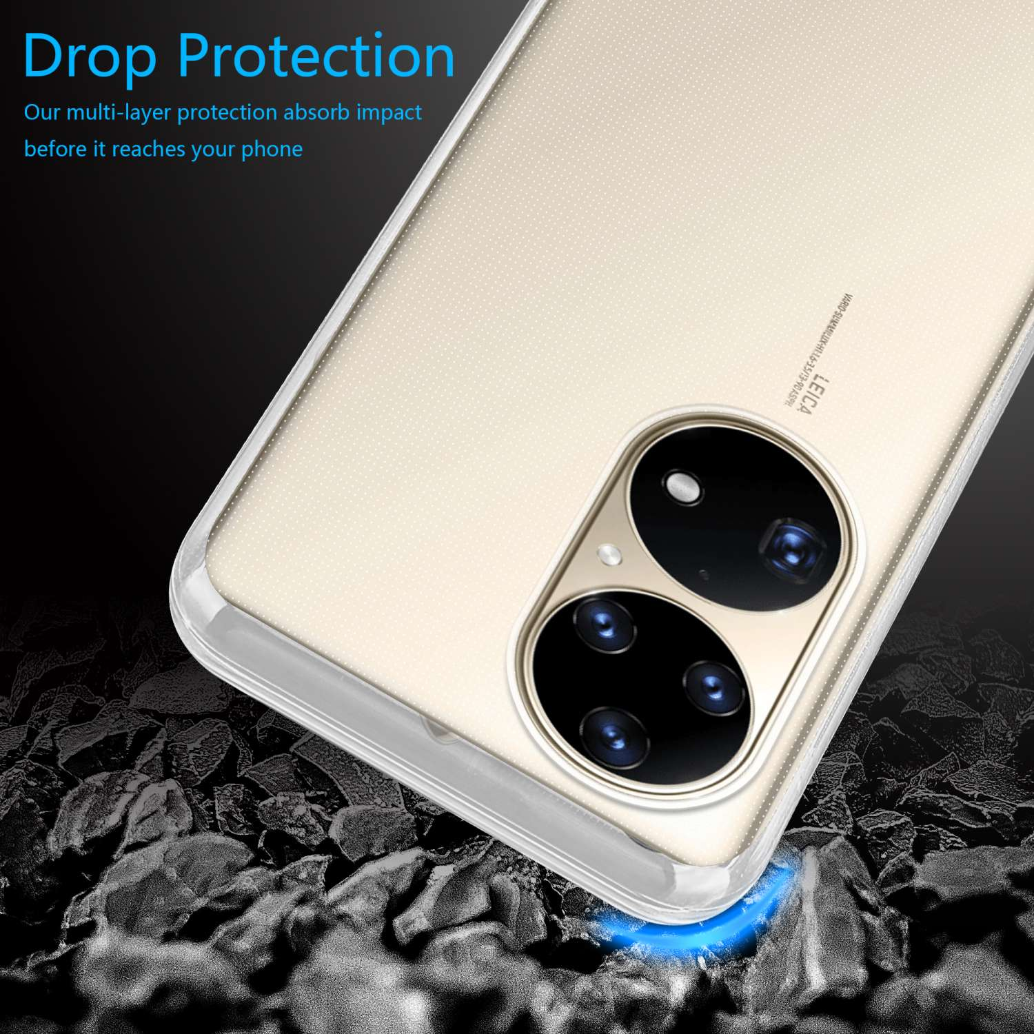Telefon mit transparenter Hülle. Die Hülle liegt auf rissigem, schwarzem Material.