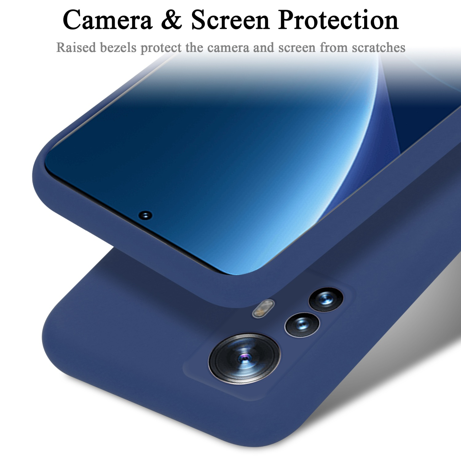 Blaue Handyhülle, die ein Handy schützt. Die Hülle bedeckt Kamera und Bildschirm. Das Handy ist blau.