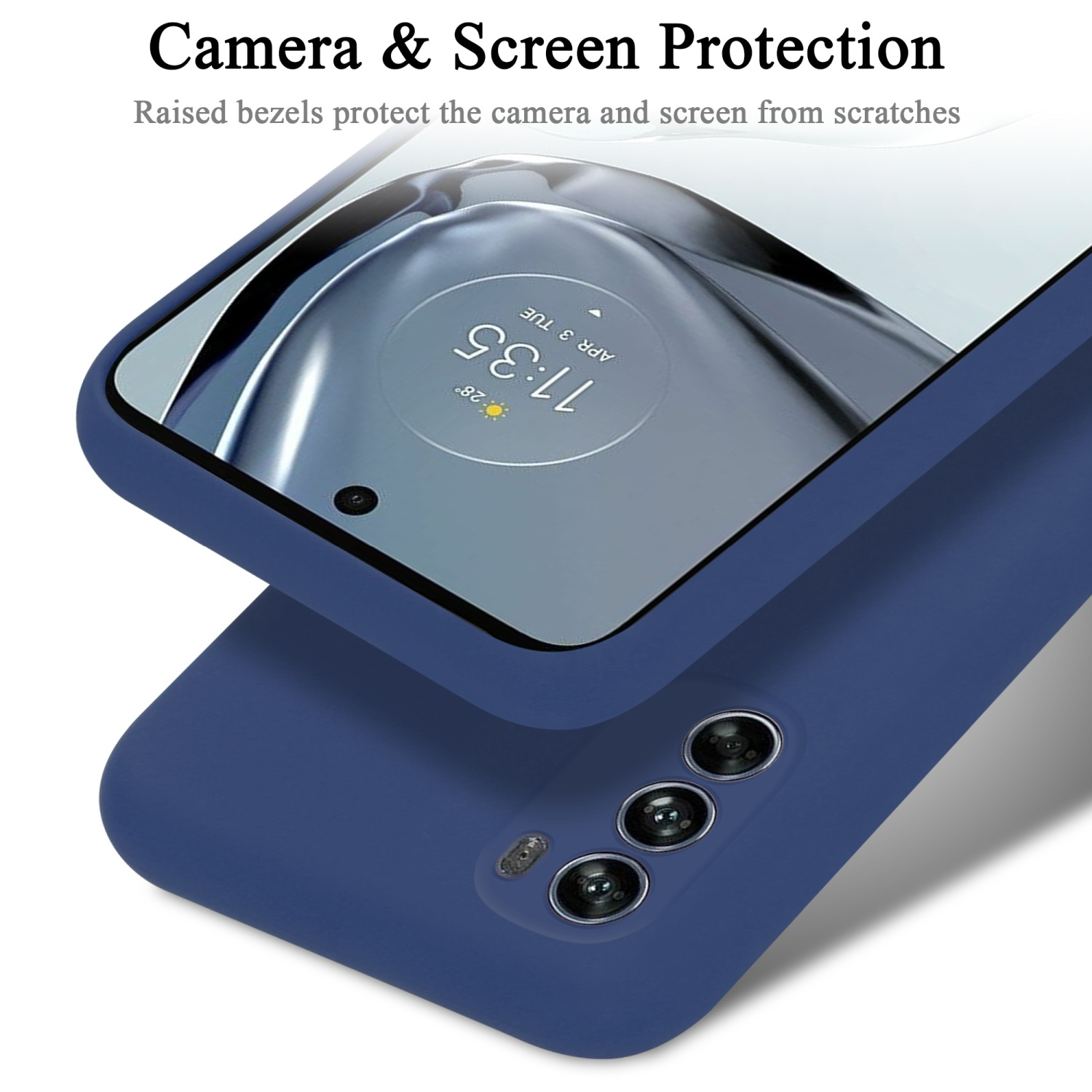 Blaue Handyhülle, die ein Telefon schützt. Text: Kamera- und Bildschirmschutz.