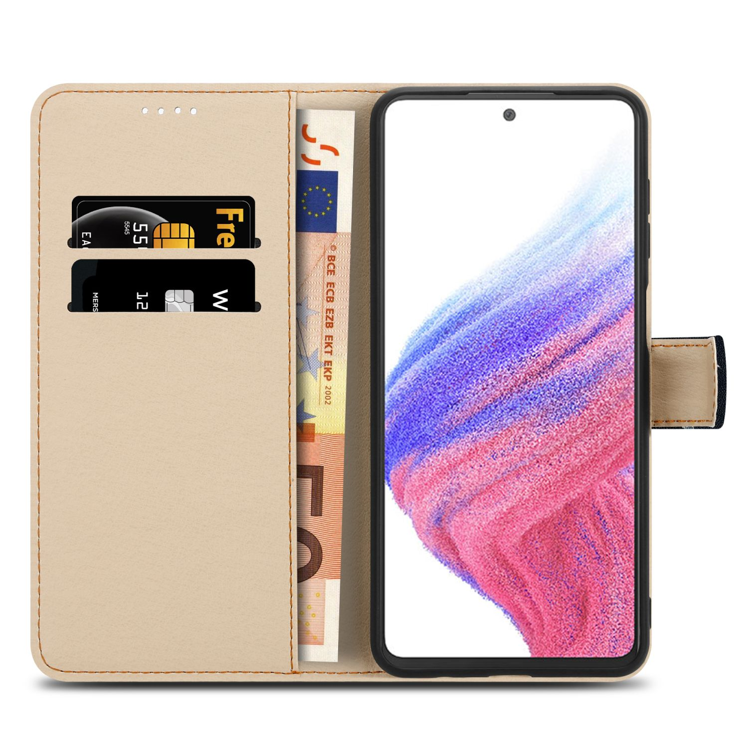 Geöffnete beige Handyhülle mit Telefon, Kreditkarten und Euro-Scheinen.