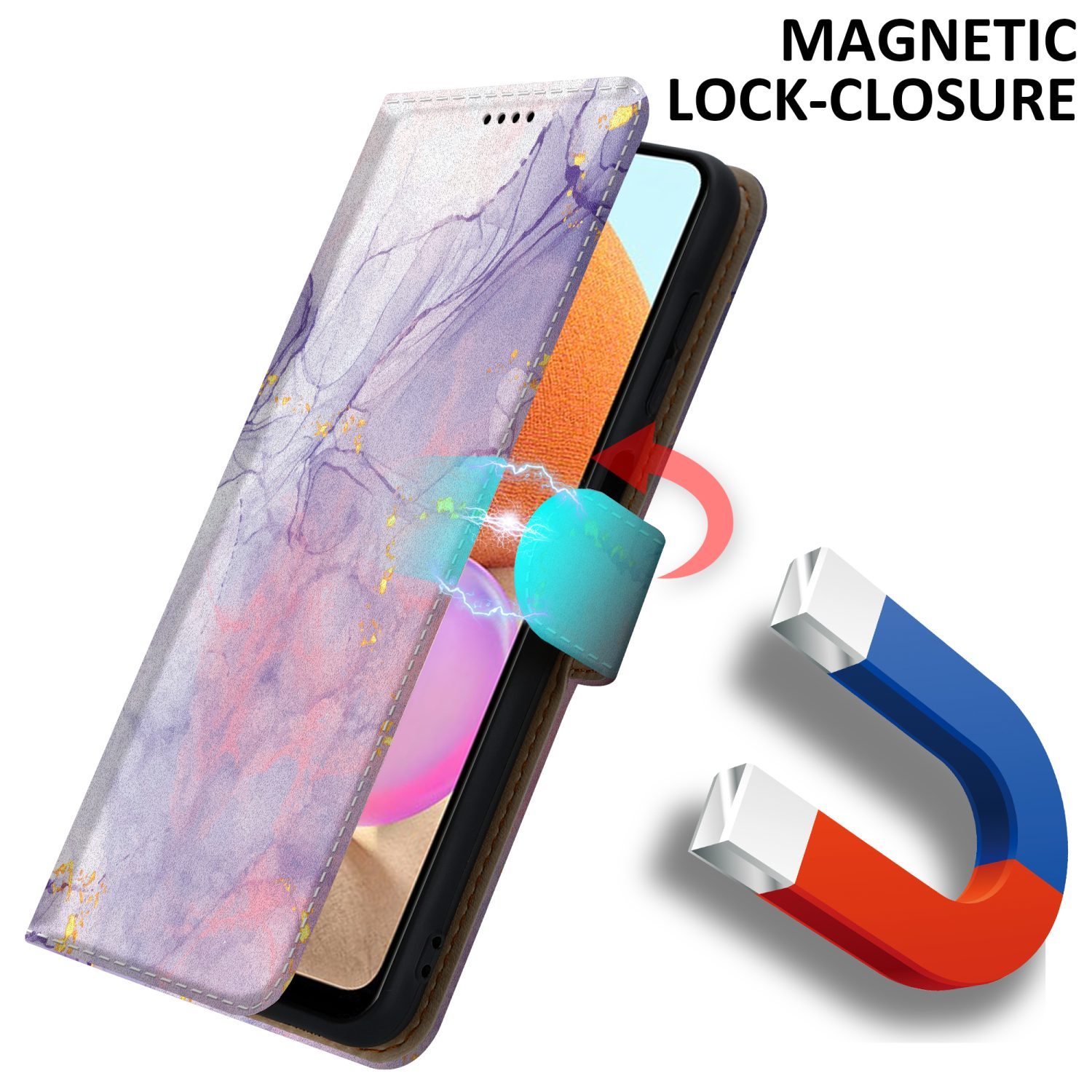 Telefonhülle offen mit Telefon darin. Ein Magnet wird gezeigt. Text: MAGNETISCHER VERSCHLUSS.