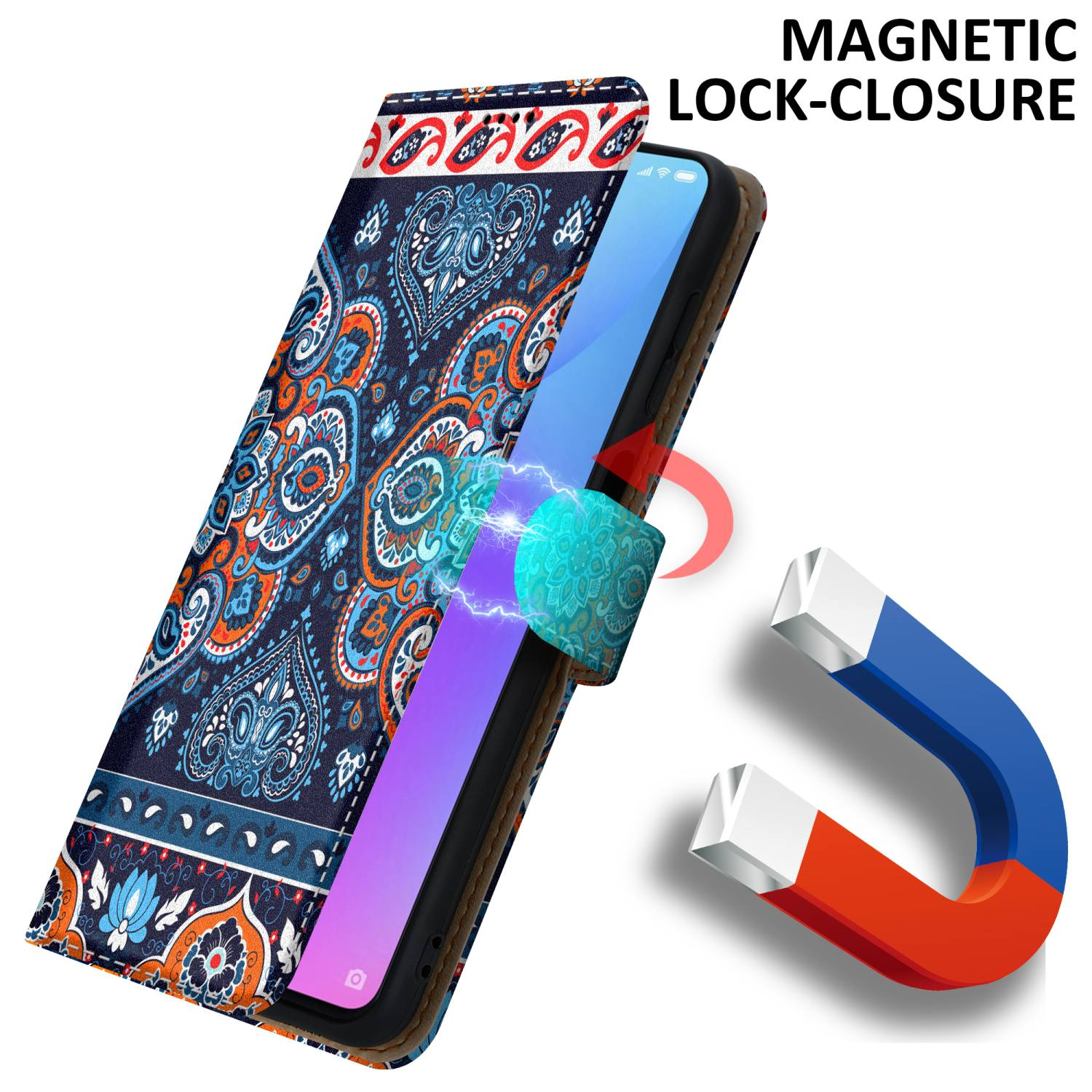 Custodia per telefono con design colorato e chiusura magnetica.