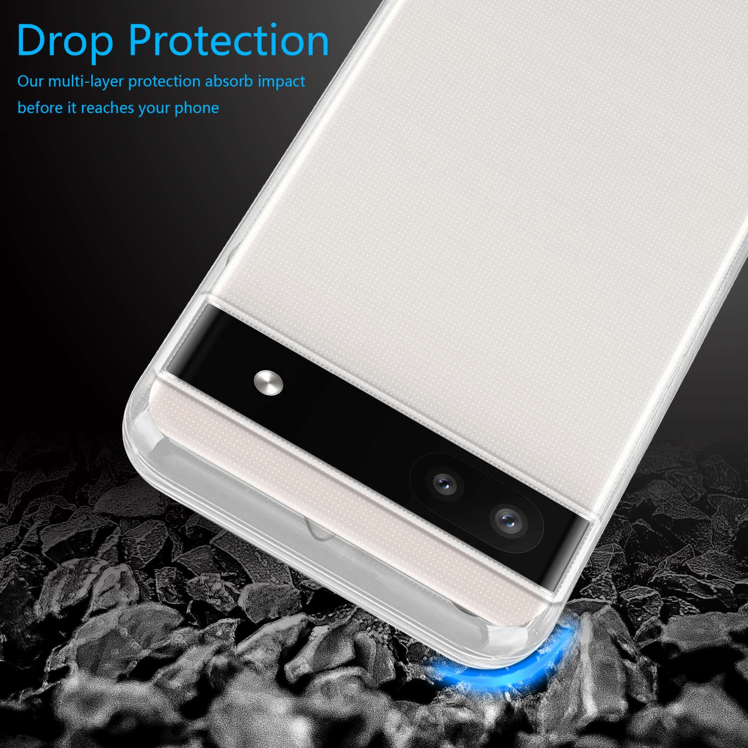 Custodia per telefono con retro trasparente e cornice nera. Testo: Protezione dalle cadute. Effetto energia blu sotto.