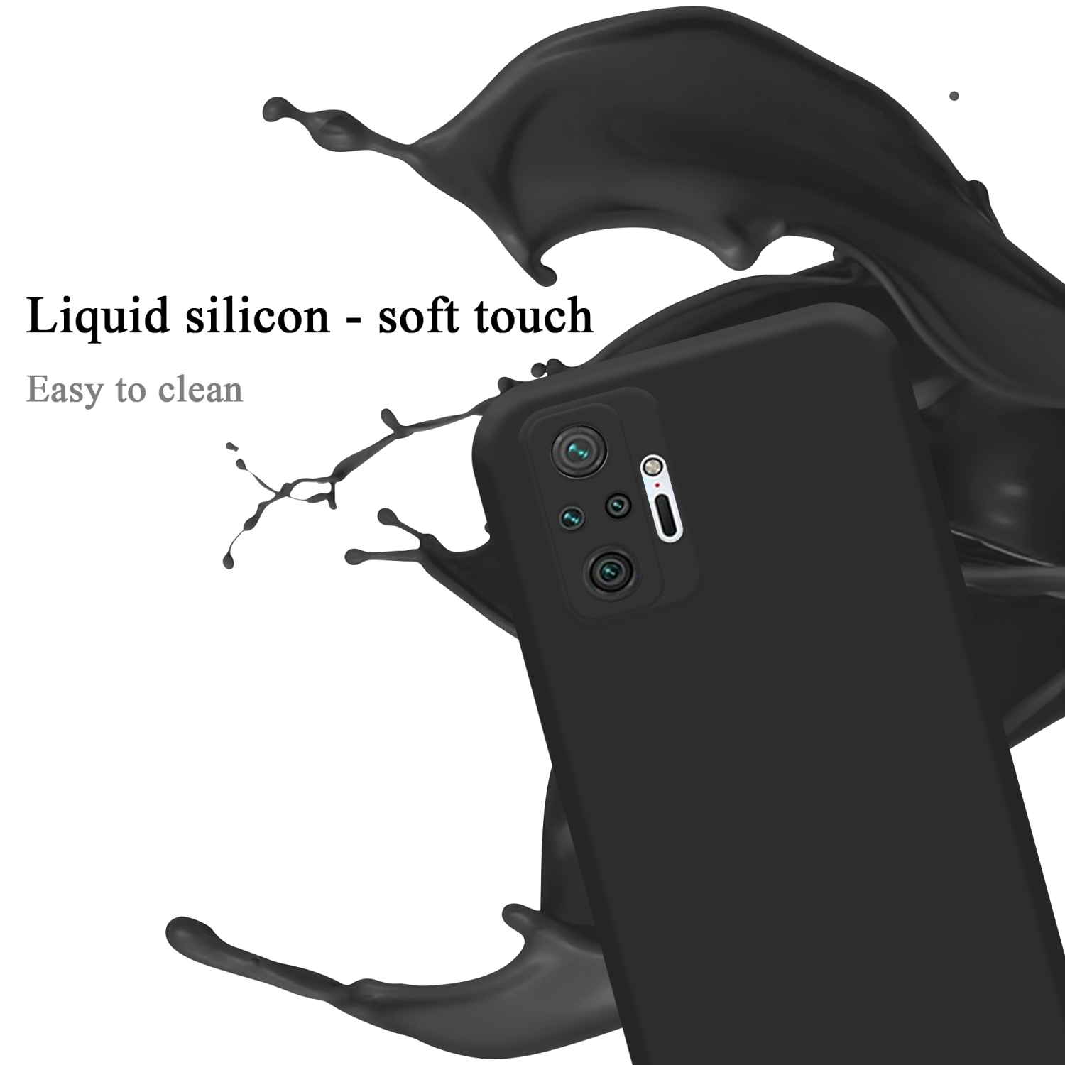 Schwarze Handyhülle mit einem schwarzen Farbspritzer. Die Hülle befindet sich auf einem Telefon.