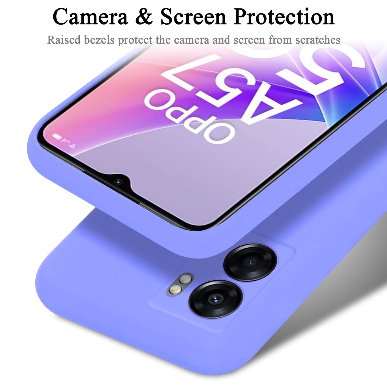 Lila Handyhülle mit OPPO A57. Kamera- und Bildschirmschutz werden hervorgehoben. Erhöhte Blenden.