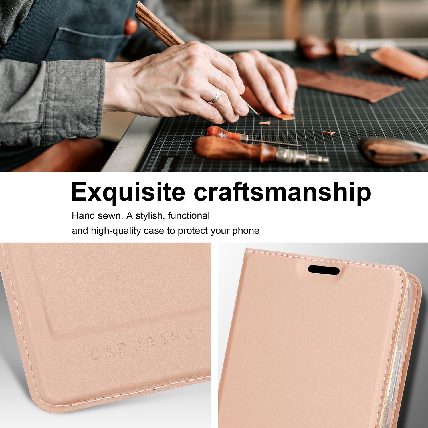 Mani che lavorano la pelle con strumenti. Dettagli della custodia: colore rosa, bordi cuciti e logo del marchio.