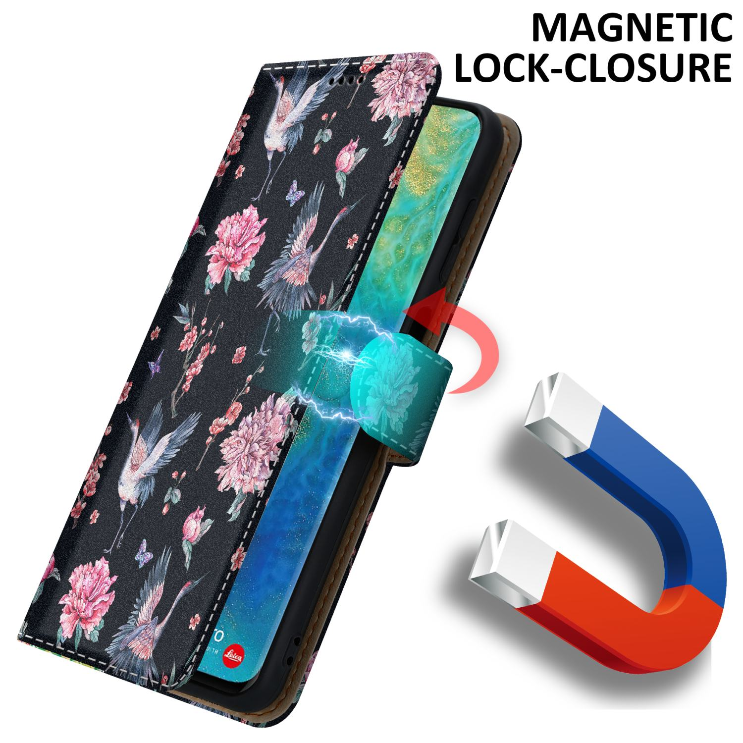 Eine Handyhülle mit floralem Design, die sich mit Magnetverschluss und Magnet öffnet.
