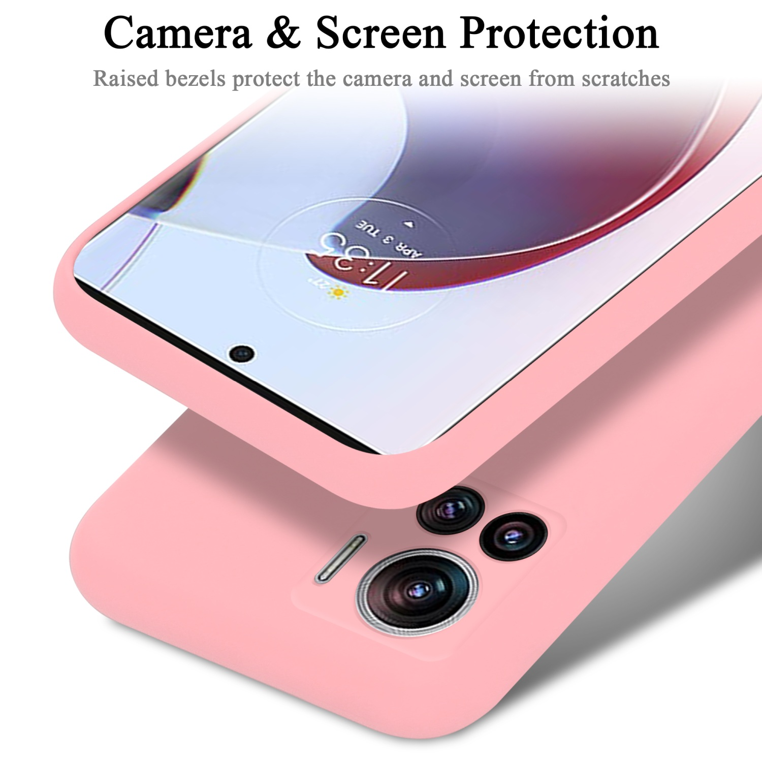 Una custodia rosa per telefono con un telefono che mostra uno schermo.