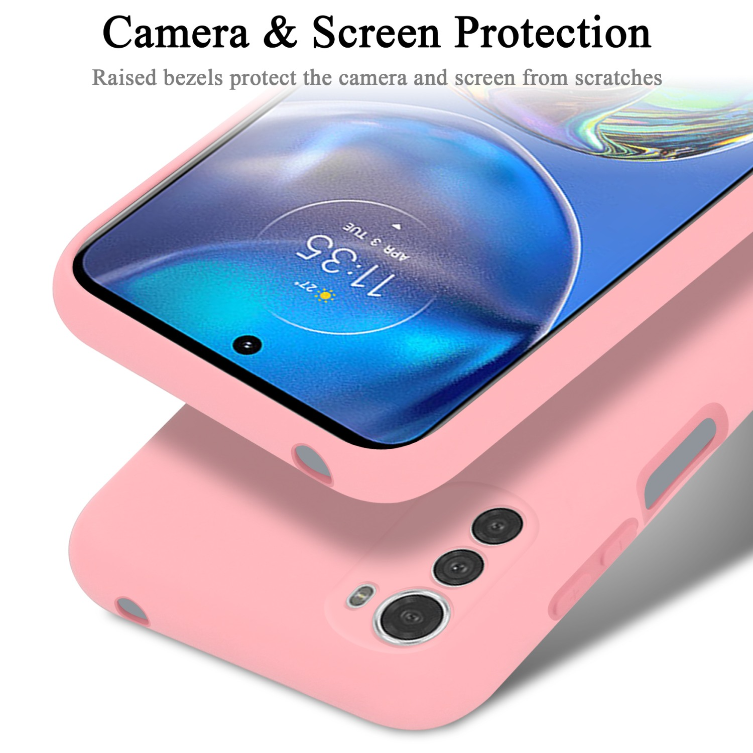 Rosa Handyhülle mit einem Telefon darin. Kamera- und Bildschirmschutz werden hervorgehoben.