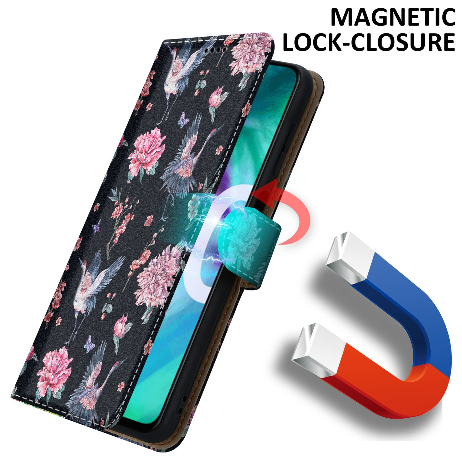 Schwarze Handyhülle mit floralem Design und Magnetverschluss. Ein Magnet schwebt in der Nähe der Hülle. Telefon ist teilweise geöffnet.