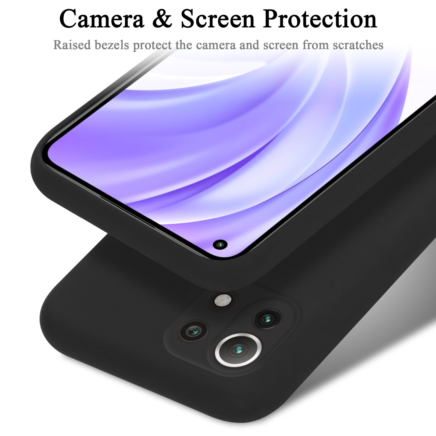 Eine schwarze Handyhülle mit einem Telefon und einer Kameraausbuchtung.