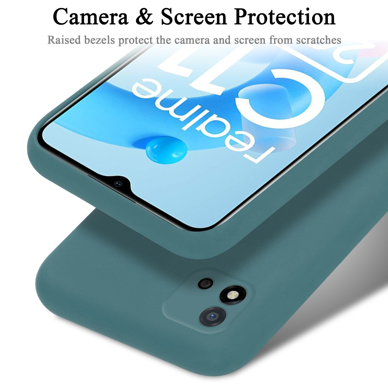 Handyhülle mit Telefon, Bildschirm sichtbar. Blaue Hülle mit Telefon auf Oberfläche, Kamera sichtbar.