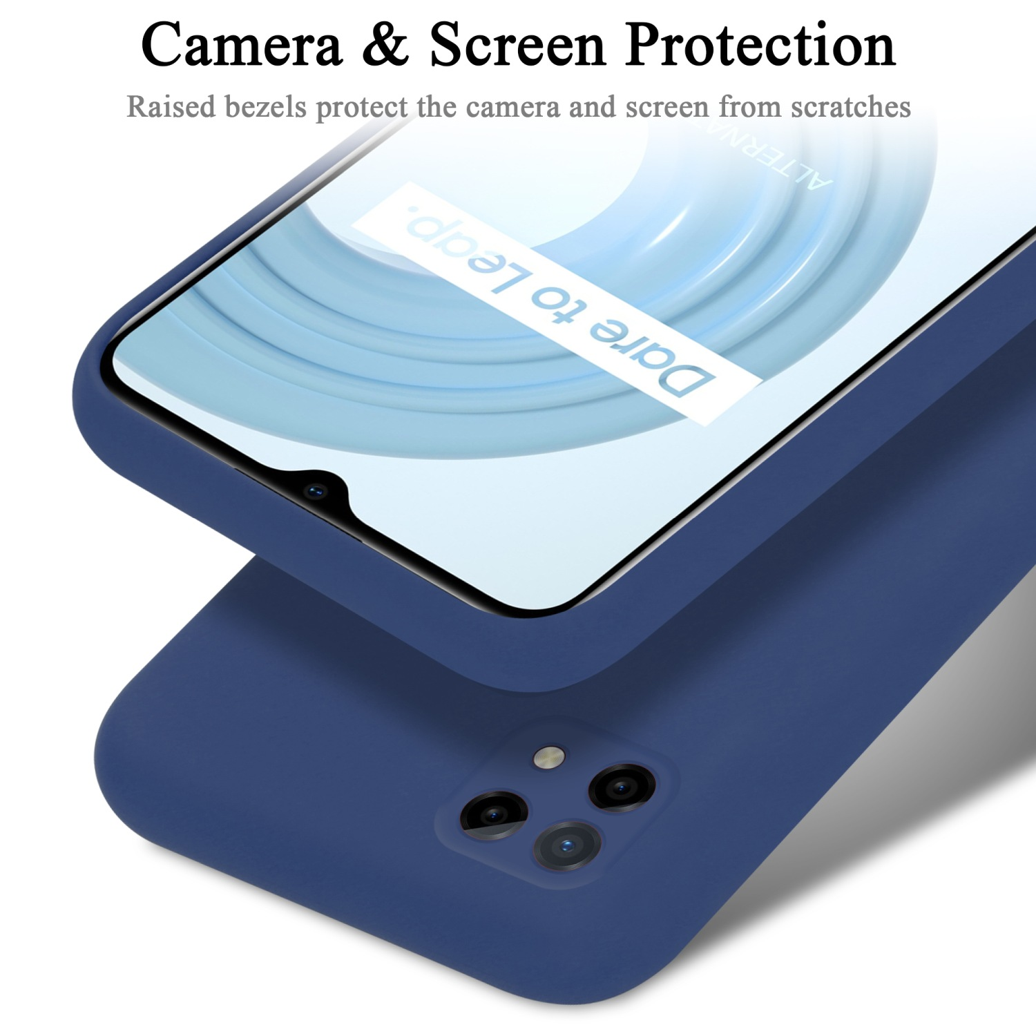 Eine blaue Handyhülle, die ein Telefon mit dem Text 'Dare to Leap' auf dem Bildschirm schützt.