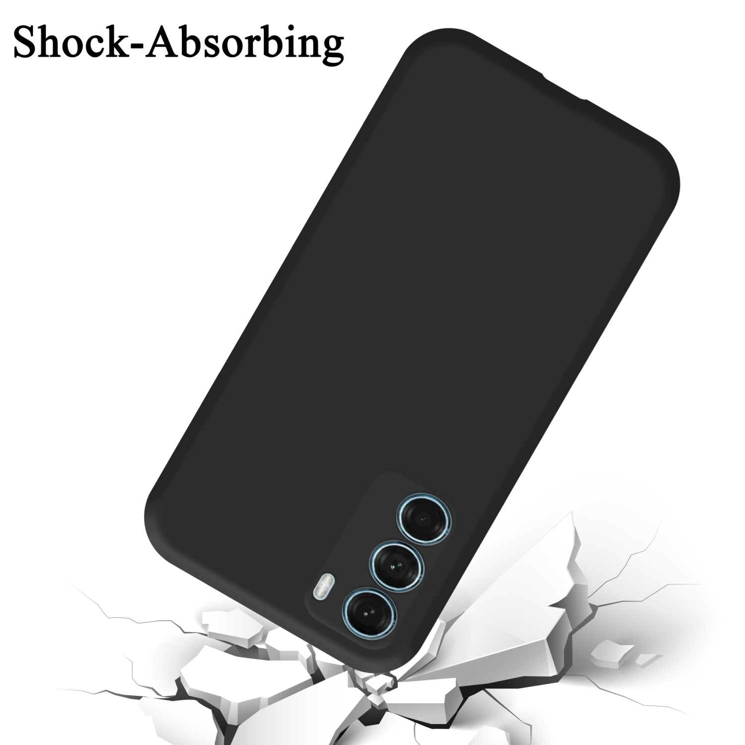Eine schwarze Handyhülle fällt auf zerbrochenen Boden. Telefon hat Kameralinsen. Text 'Shock-Absorbing'.