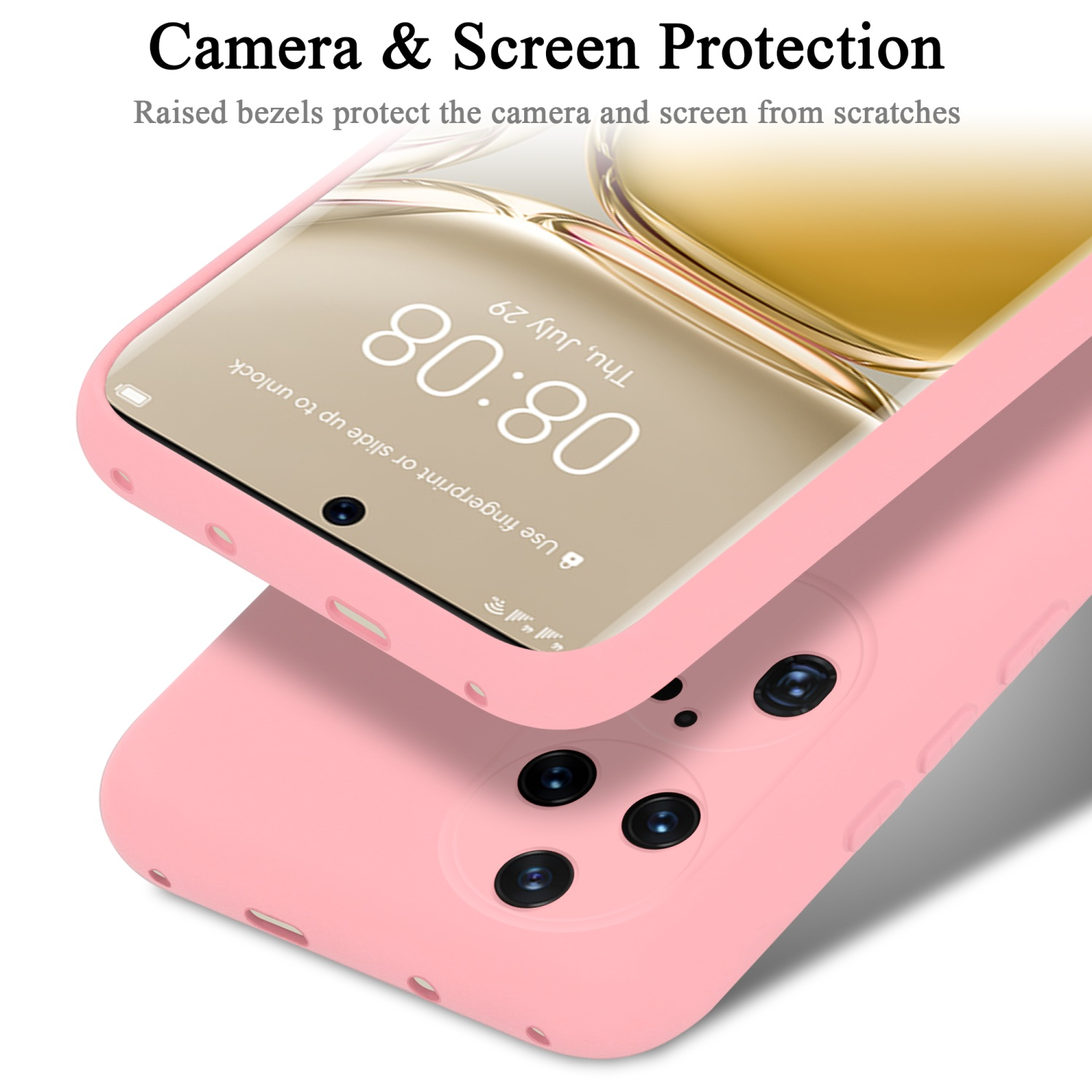 Nahaufnahme einer rosa Handyhülle mit einem Telefon darin. Der Bildschirm zeigt eine Uhr und ein Datum.