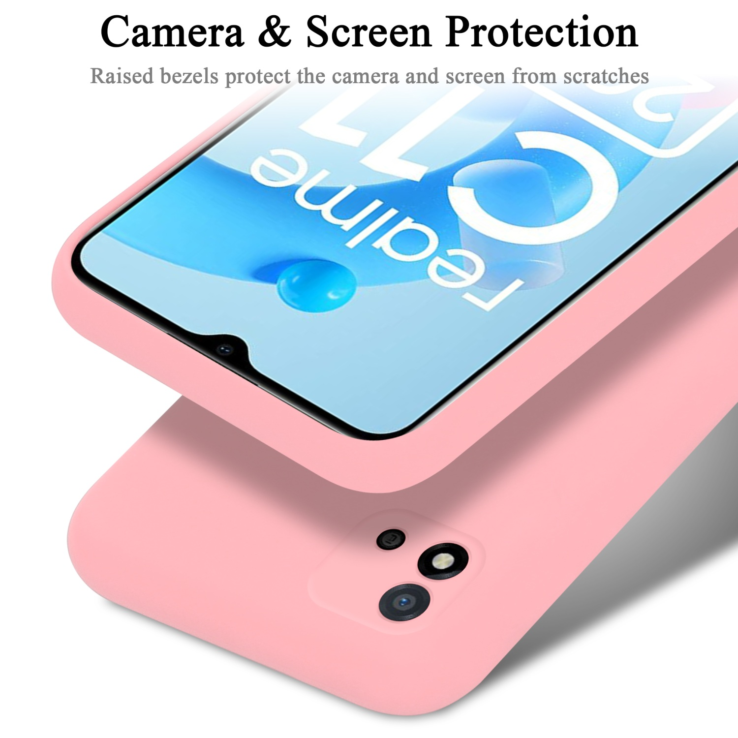 Ein rosa Telefon und Hülle werden gezeigt. Der Bildschirm zeigt das Wort 'realme'. Text 'Camera & Screen Protection' steht darüber.