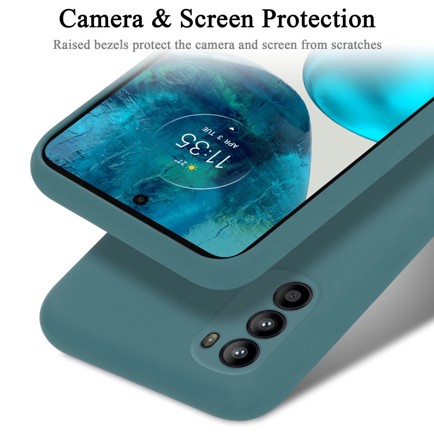 Eine tealfarbene Handyhülle, mit einem Telefon, das einen blauen Hintergrund zeigt.