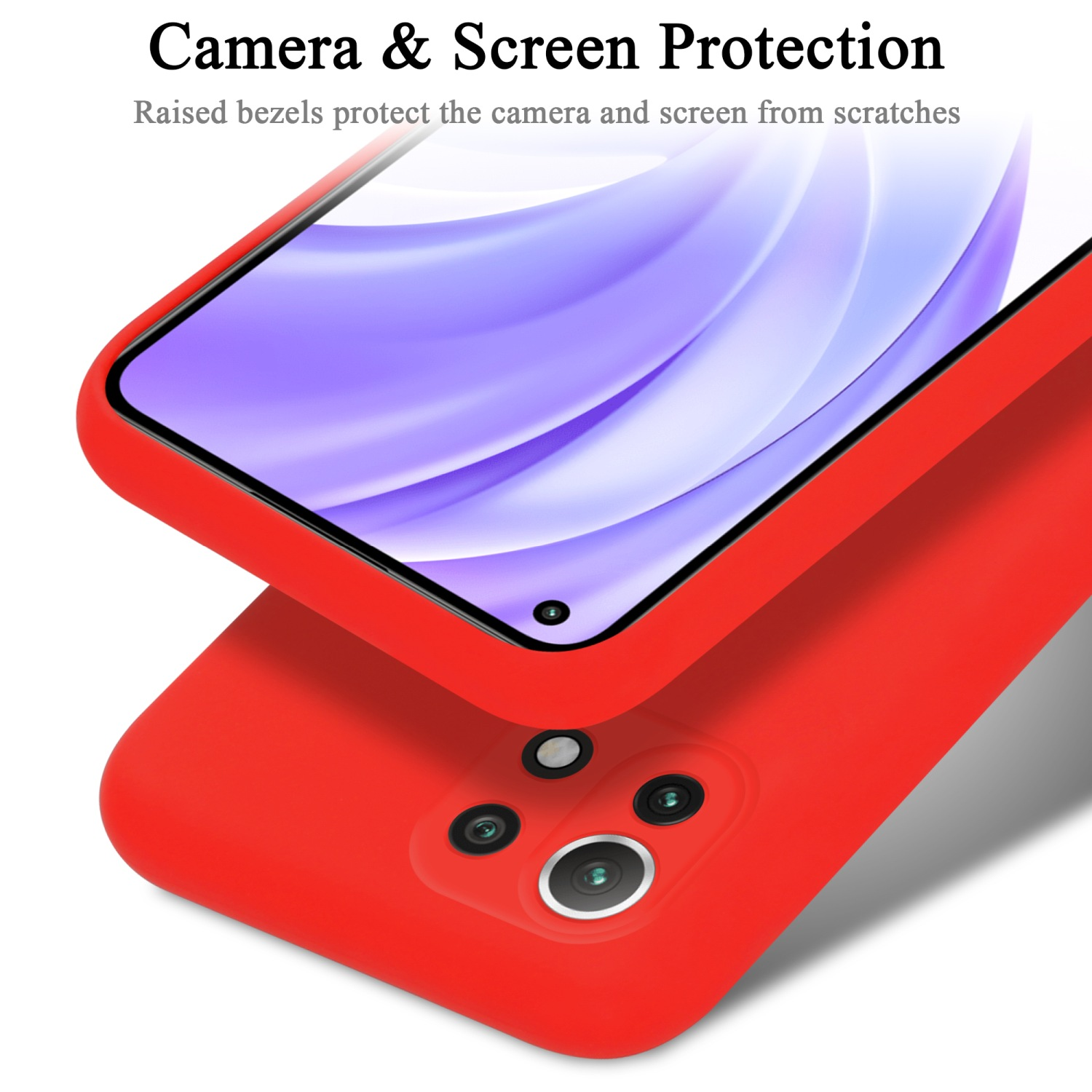 Rote Handyhülle mit Displayschutz. Text lautet 'Camera & Screen Protection'.