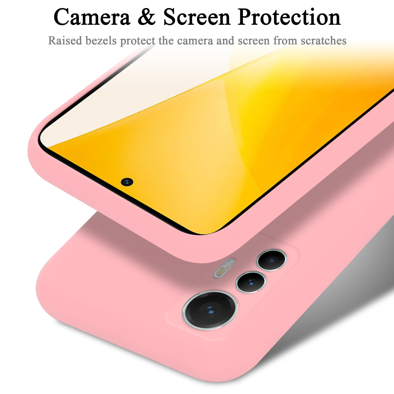 Eine rosa Handyhülle mit einem Telefon darin. Die Hülle schützt Kamera und Bildschirm.