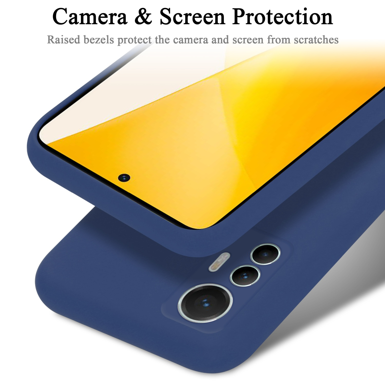 Nahaufnahme einer blauen Handyhülle, die ein Telefon schützt, mit sichtbaren Kameralinsen.