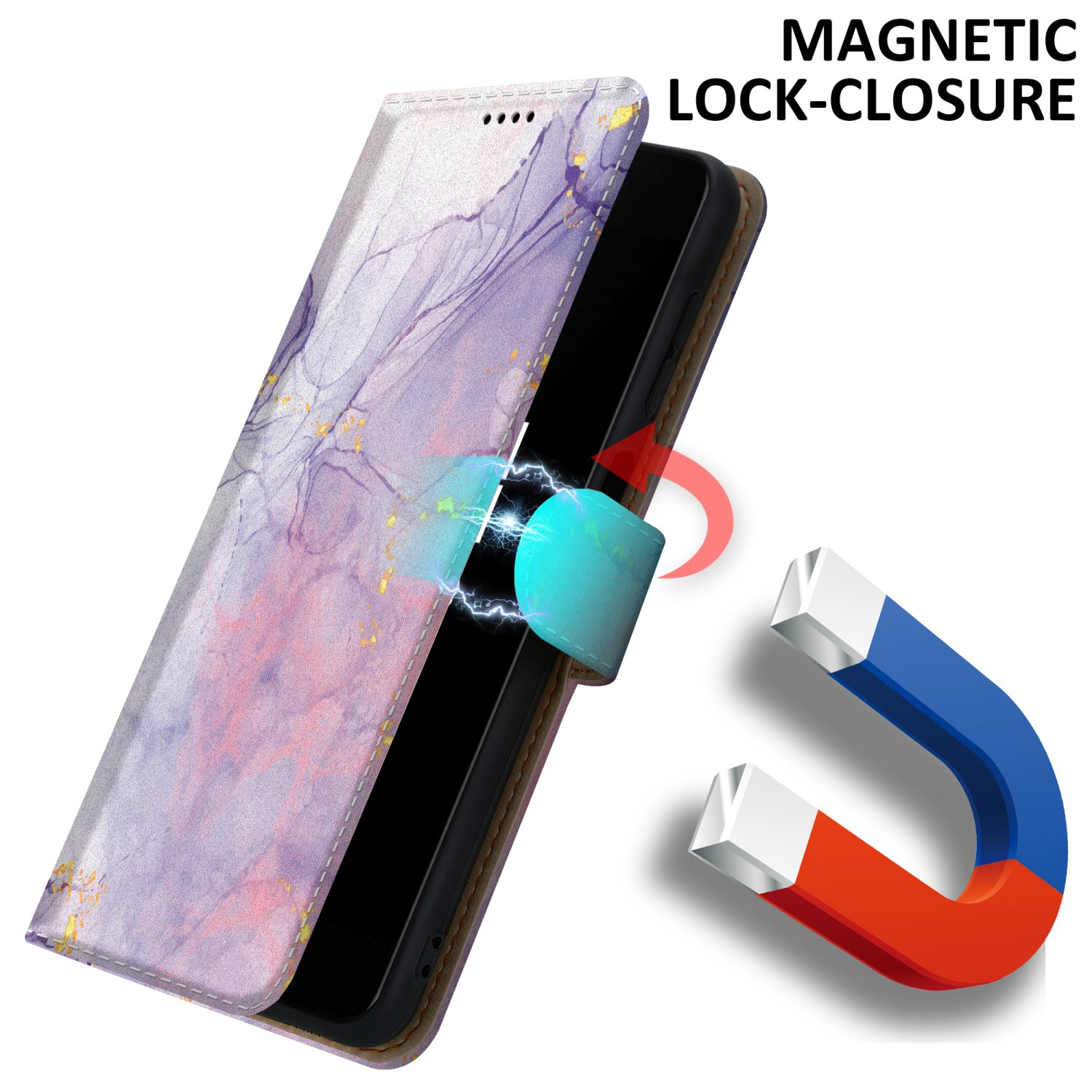 Custodia per telefono aperta, con chiusura magnetica. Il motivo è viola e oro.