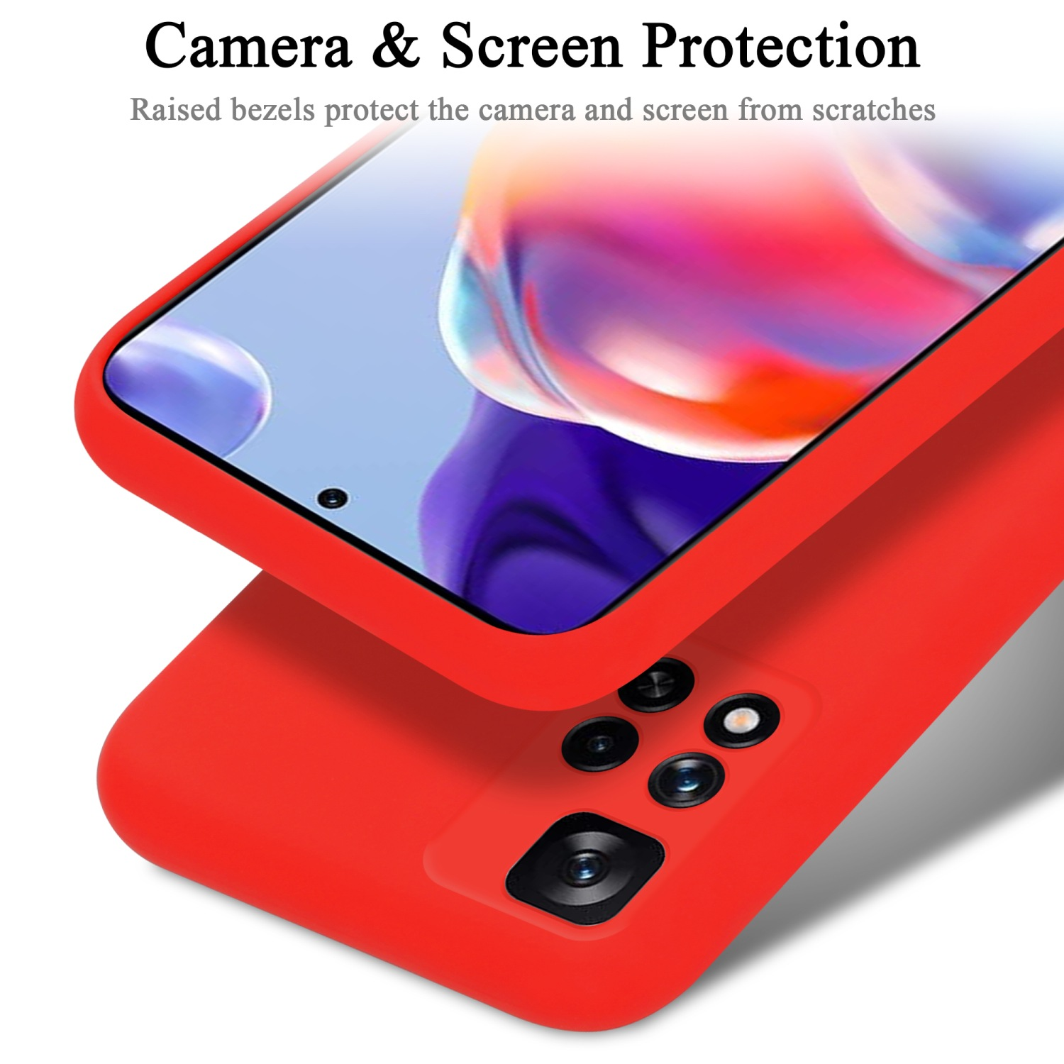 Custodia rossa per telefono con telefono all'interno. Il telefono mostra uno schermo. La custodia protegge la fotocamera e lo schermo.