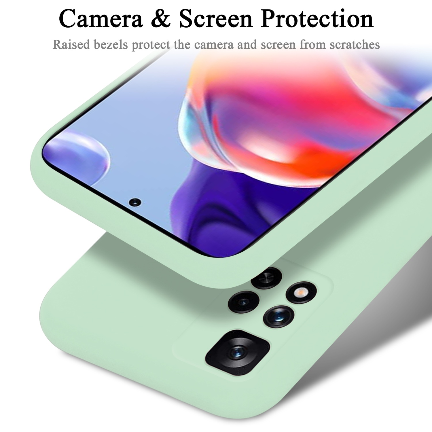 Una custodia per telefono verde, protezione schermo, con bordi rialzati e protezione fotocamera.